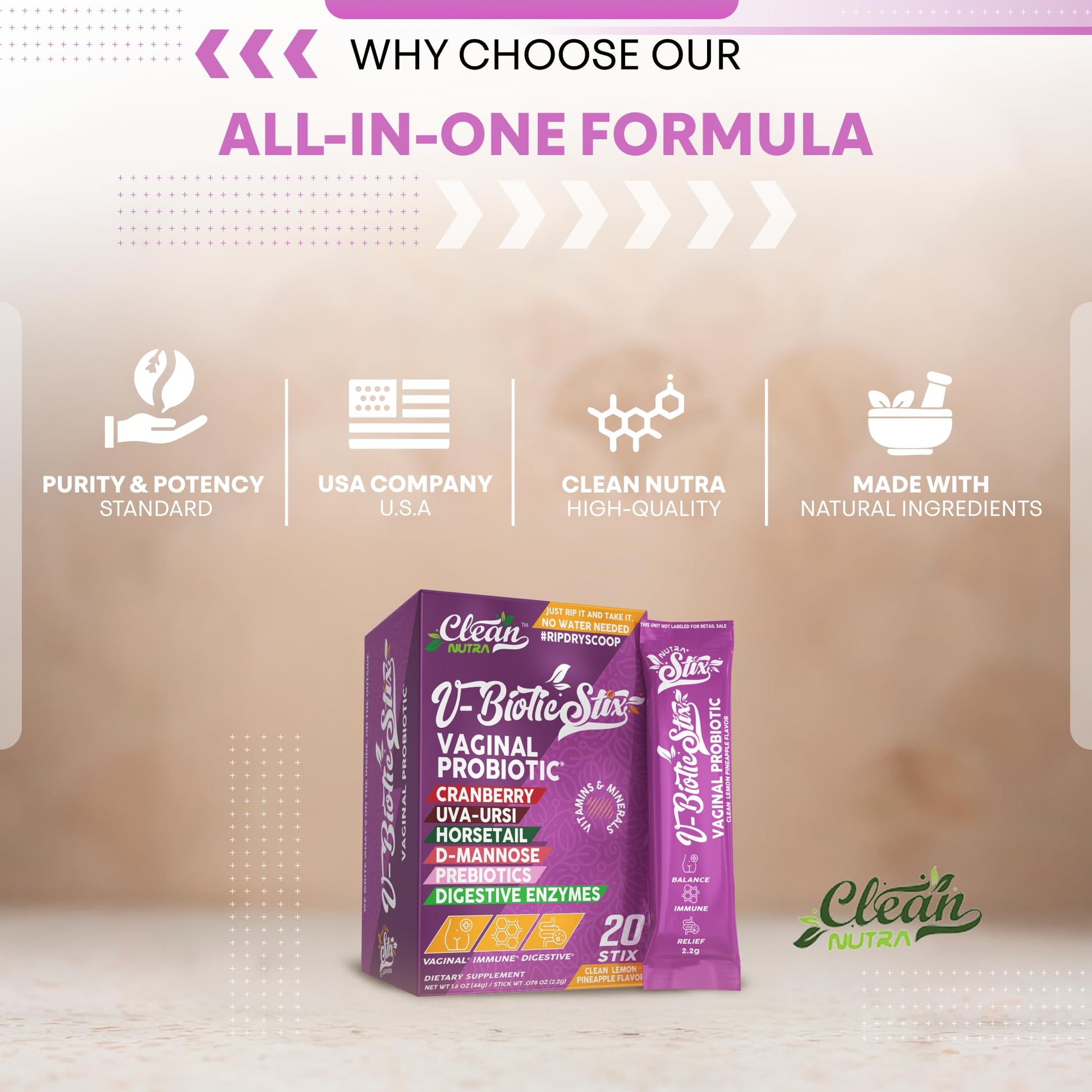 Clean Nutraceuticals Vaginal Probiotics for Women with Cranberry Extract, D-Mannose, Prebiotics, pH Balance for Women, Vaginal Health – Womens Probiotic Alternative to Gummies - 20 Stix Clean Nutraceuticals uk supplements