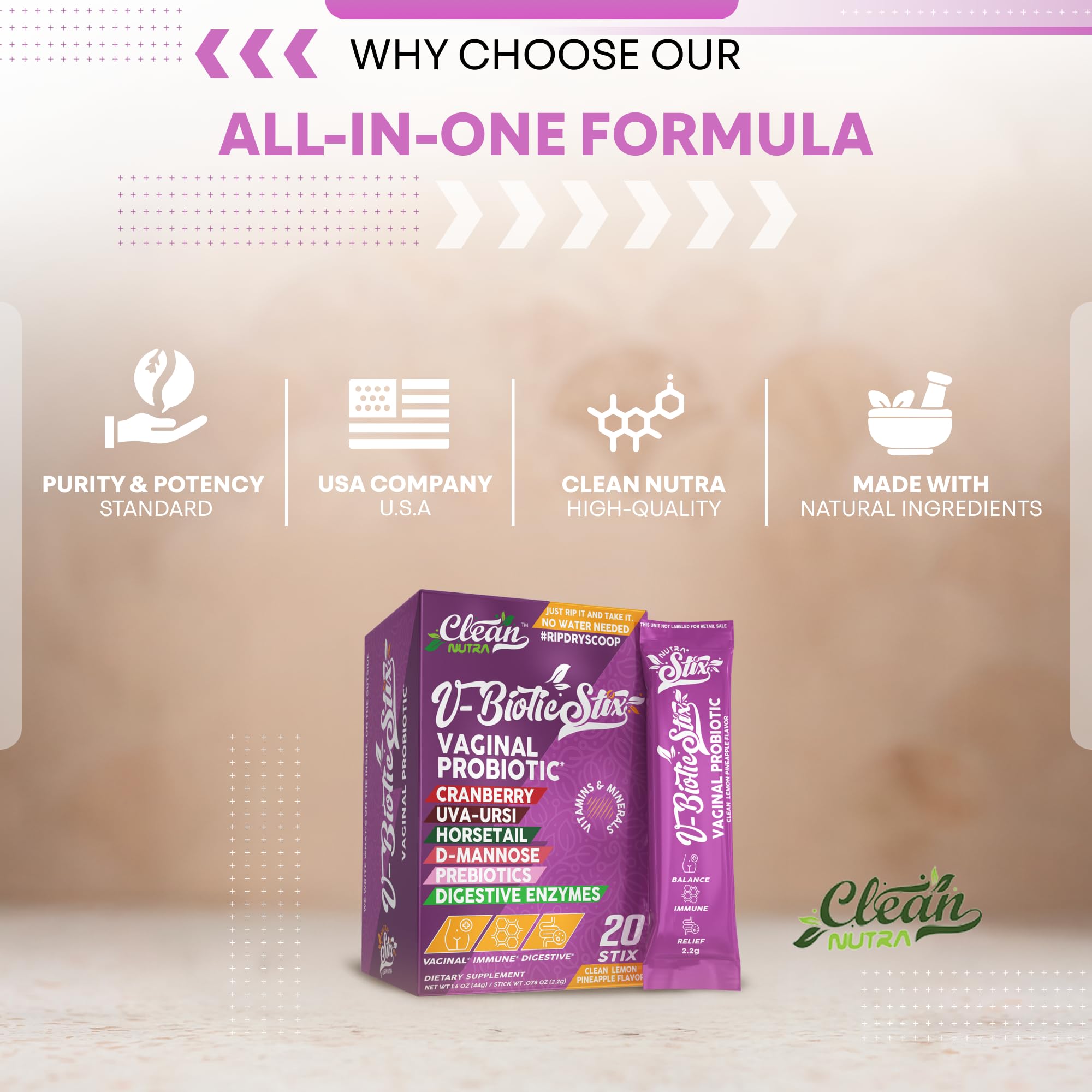 Clean Nutraceuticals Vaginal Probiotics for Women with Cranberry Extract, D-Mannose, Prebiotics, pH Balance for Women, Vaginal Health – Womens Probiotic Alternative to Gummies - 20 Stix Clean Nutraceuticals uk supplements