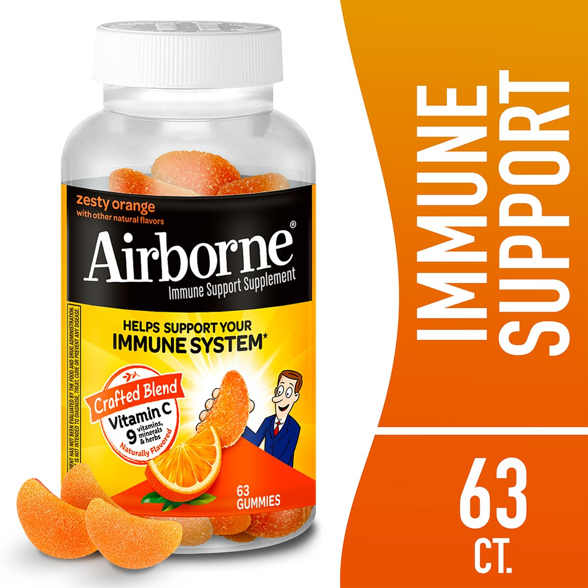 Airborne 750mg Vitamin C Immune Support Supplement Gummies for Adults, Zesty Orange Flavor, Gluten Free Crafted Blend with Powerful Antioxidants Vitamins A C & E, 63 Gummies (3 Pack) Airborne uk supplements