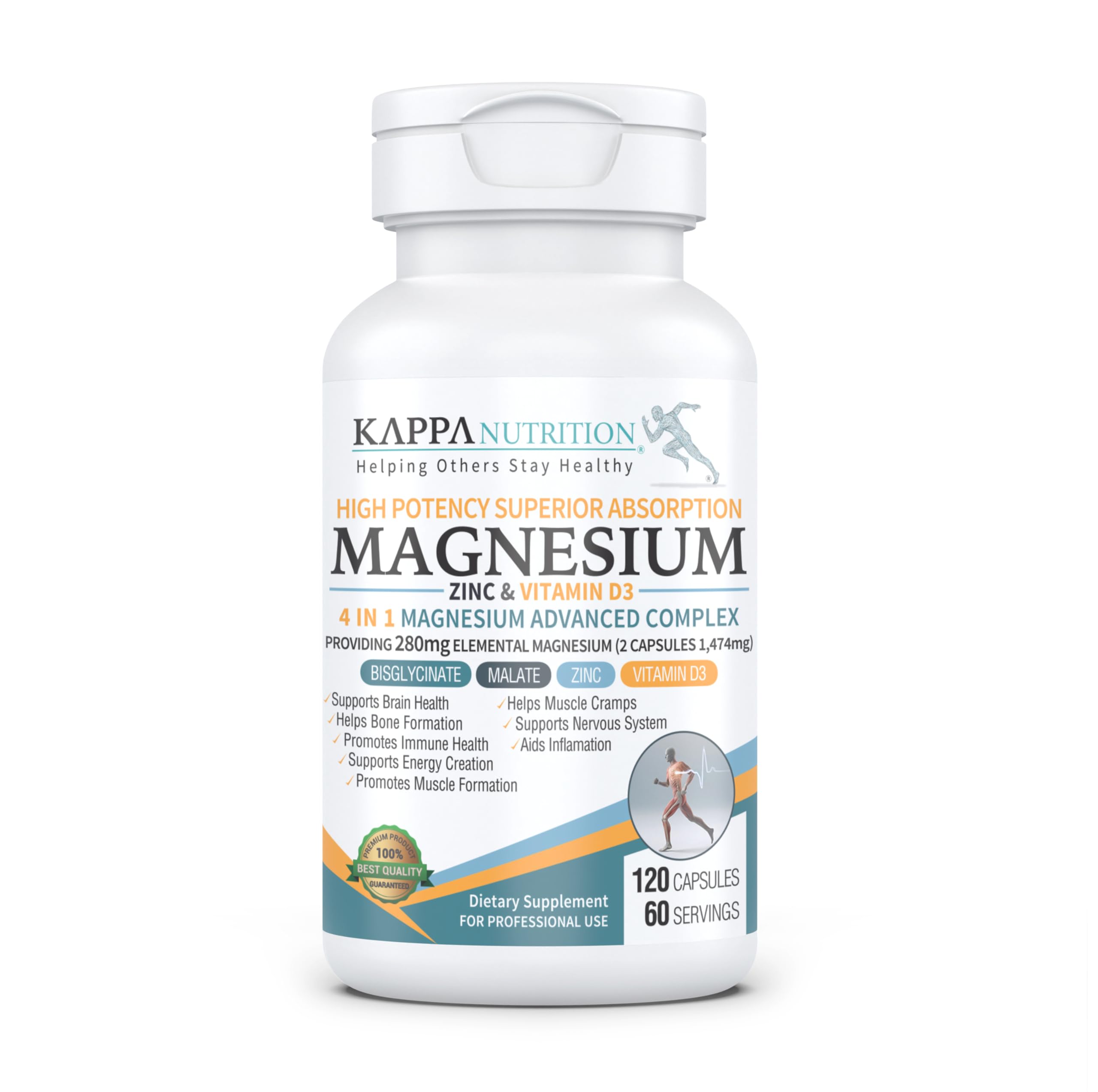 Kappa Nutrition Magnesium 4-in-1, 280mg Elemental Magnesium (Bisglycinate, Malate) + Zinc & Vitamin D3, Brain, Sleep, Energy, Muscle, Immune Support, 120 Vegan Capsules. KAPPA NUTRITION uk supplements
