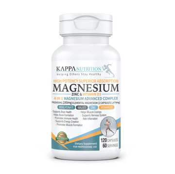Kappa Nutrition Magnesium 4-in-1, 280mg Elemental Magnesium (Bisglycinate, Malate) + Zinc & Vitamin D3, Brain, Sleep, Energy, Muscle, Immune Support, 120 Vegan Capsules. KAPPA NUTRITION uk supplements