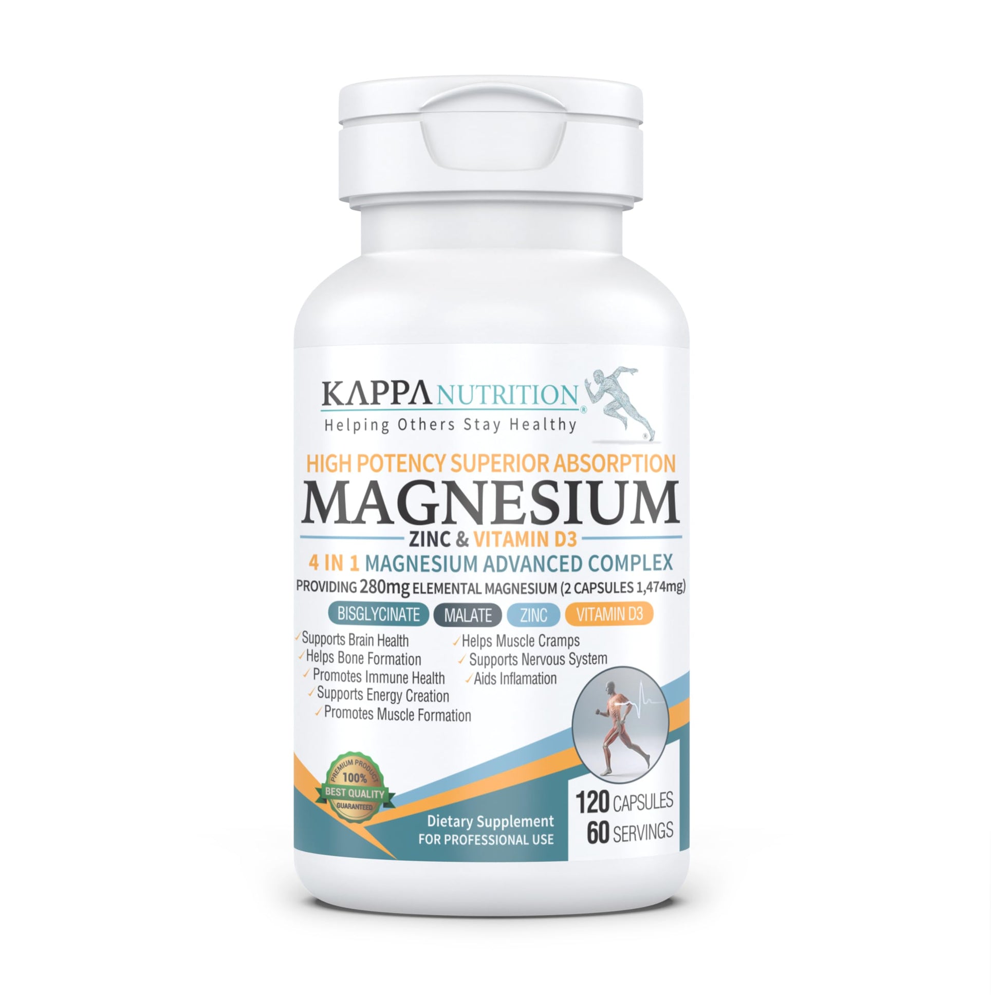 Kappa Nutrition Magnesium 4-in-1, 280mg Elemental Magnesium (Bisglycinate, Malate) + Zinc & Vitamin D3, Brain, Sleep, Energy, Muscle, Immune Support, 120 Vegan Capsules. KAPPA NUTRITION uk supplements