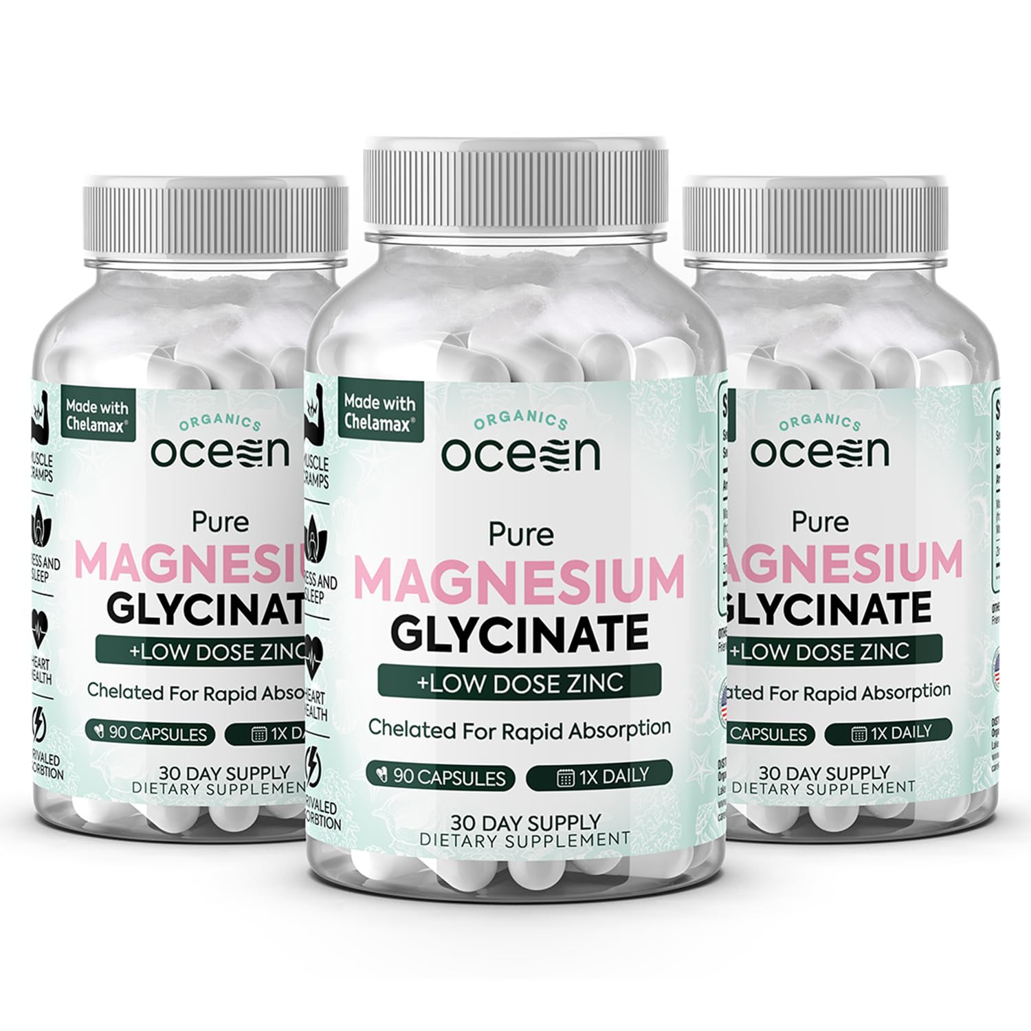Organics Ocean Pure Magnesium Glycinate with Zinc - Maximum Strength Chelated Magnesium Supplement for Women and Men for Muscle Cramps and Sleep Support - 3 Bottles Organics Ocean uk supplements