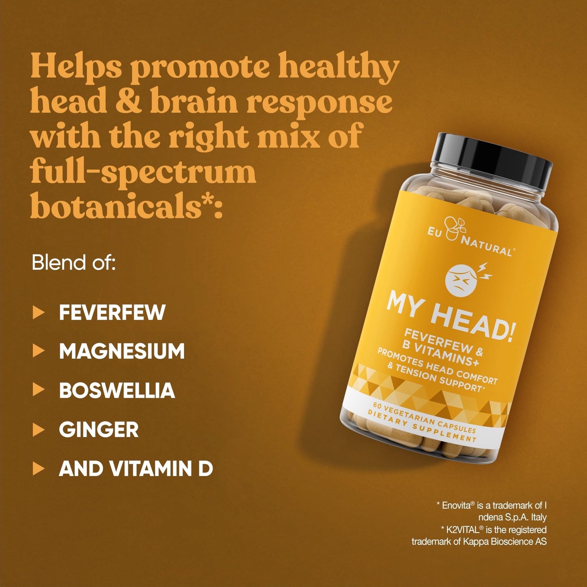 My Head! Headache Vitamins – Sensitivity, Tension, Comfort, Healthy Head Function for A Clear Mind – Fast acting Magnesium, Feverfew, Boswellia, Vitamin D, Ginger, & More – 60 Soft Capsules Eu Natural uk supplements