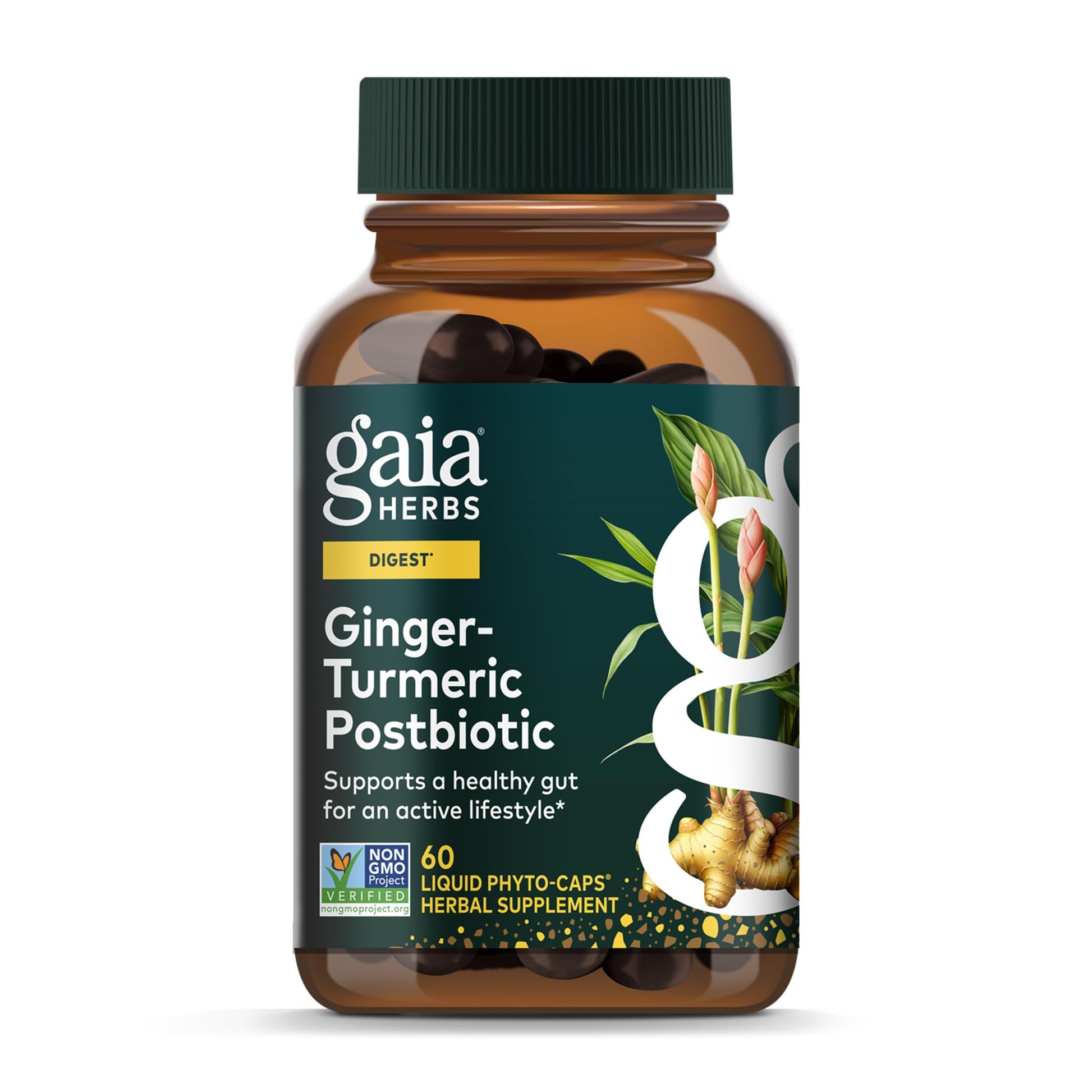Gaia Herbs Ginger-Turmeric Postbiotic - Healthy Gut Support* - 60 Vegan Liquid Phyto-Caps (30 Servings) Gaia Herbs uk supplements