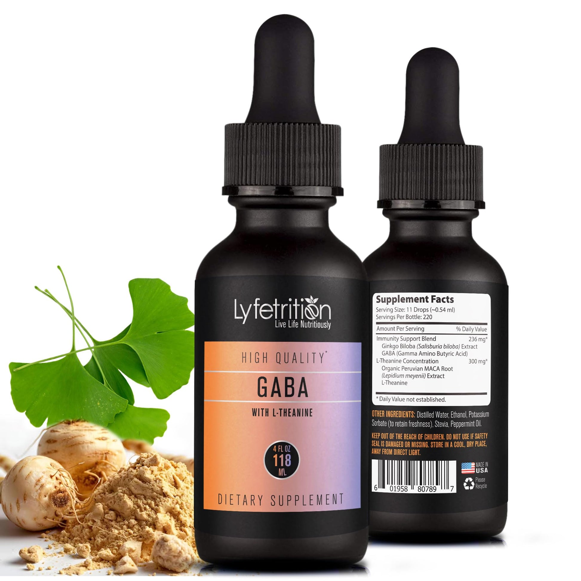Lyfetrition GABA with L-Theanine, Ginkgo Biloba (Salisburia biloba) Extract, Organic Peruvian MACA Root (Lepidium meyenii) Extract, 118 ml, 4 FL Oz Liquid, 220 Servings, Made in USA, Quick Absorption Lyfetrition uk supplements