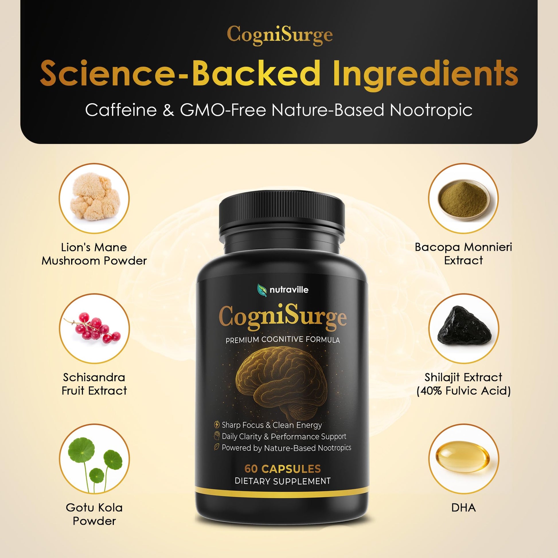 Nutraville CogniSurge Nootropics Brain Support Supplement for Memory and Focus - Nature-Powered Lion's Mane Supplement Capsules with Shilajit - No Caffeine or Stimulants - 30 Servings Nutraville uk supplements