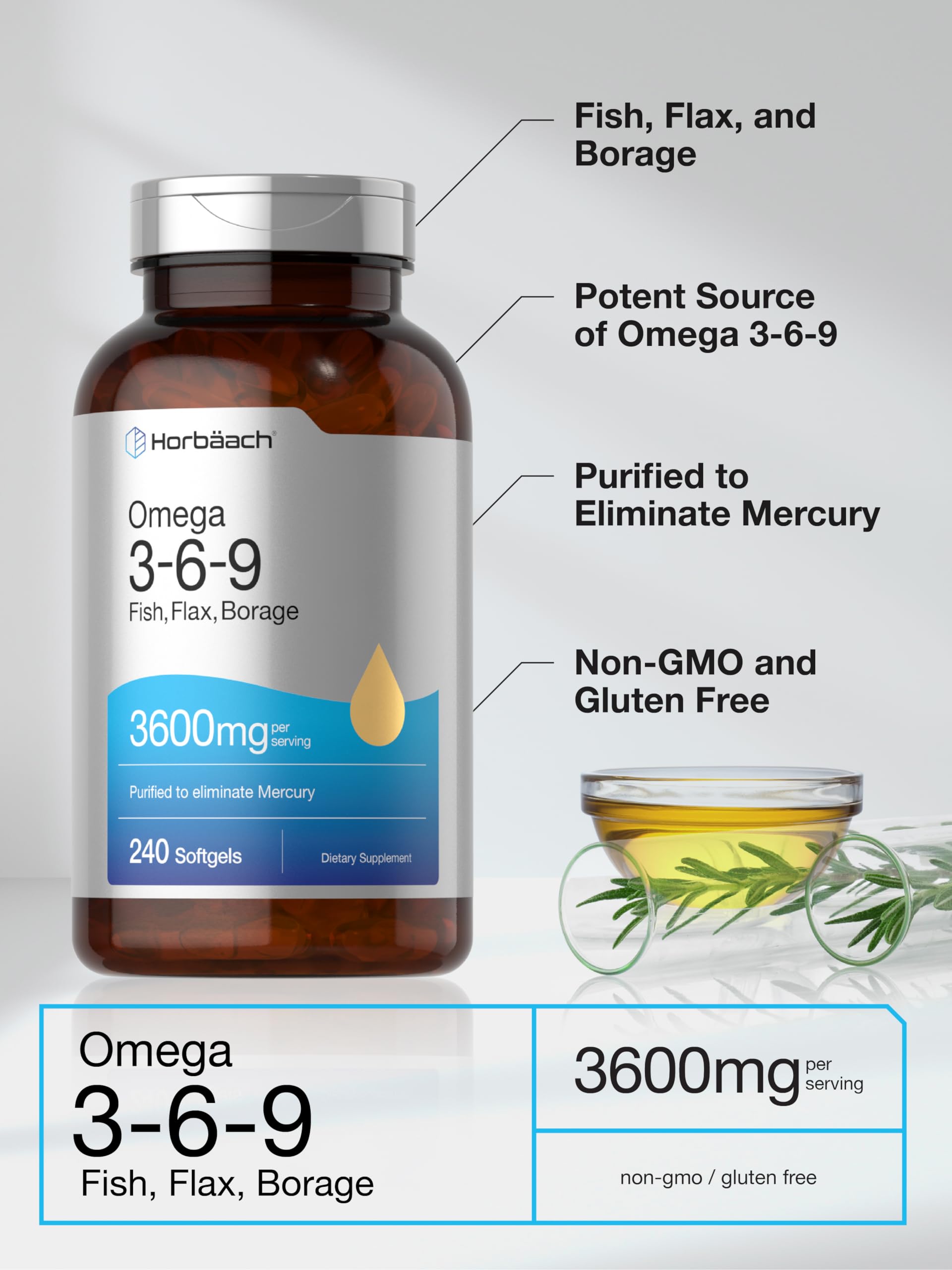 Triple Omega 3-6-9 240 Softgels | from Fish, Flaxseed, Borage Oils | Non-GMO & Gluten Horbäach uk supplements