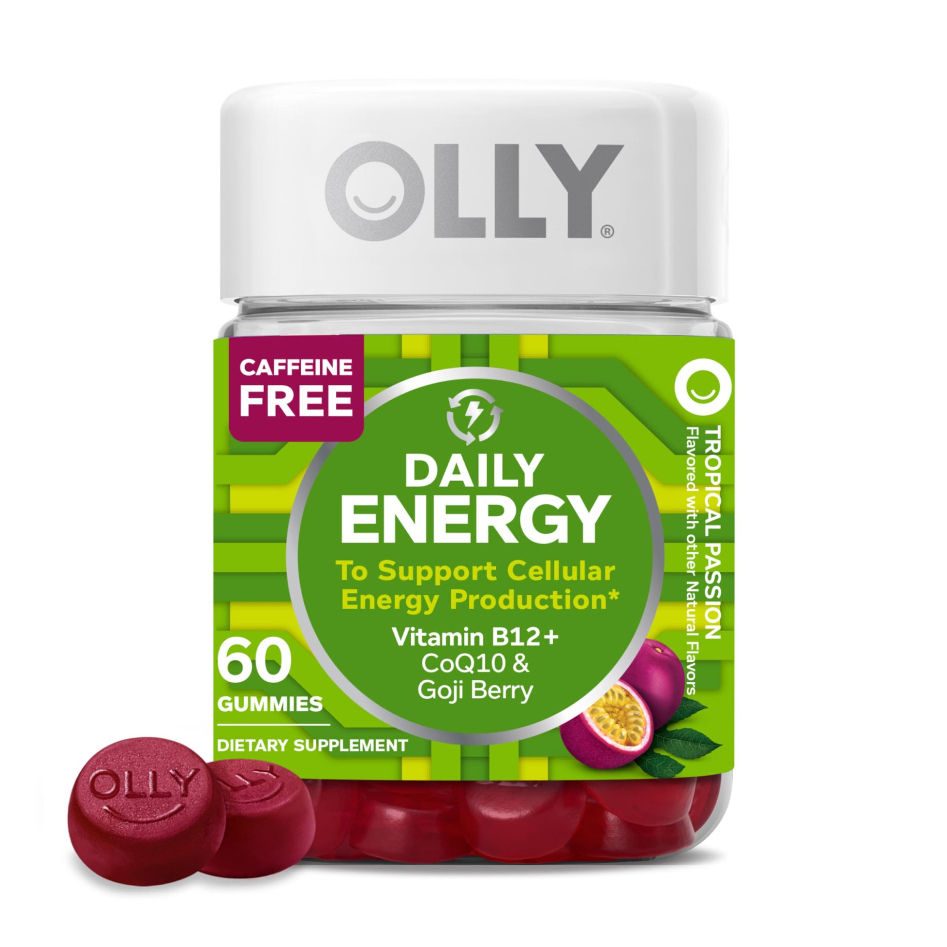 OLLY Daily Energy Gummy, Caffeine Free, Vitamin B12, CoQ10, Goji Berry, Adult Chewable Supplement, Tropical Flavor - 60 Count OLLY uk supplements