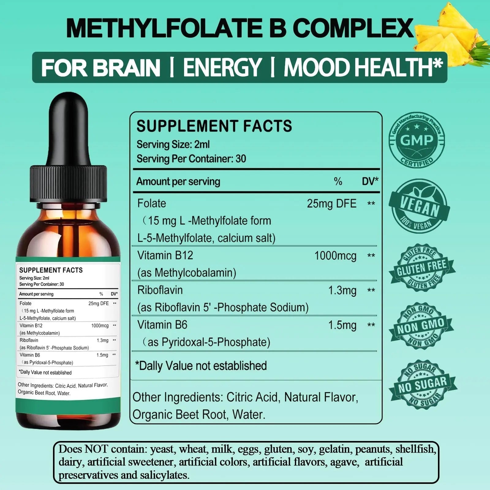 Methylfolate Supplement Liquid Drops, L Methy Folate 15mg Plus Methy B12, B6, B2 Multivitamin, Metabolically Active 5-MTHF Form AMENQ hHEALTH uk supplements