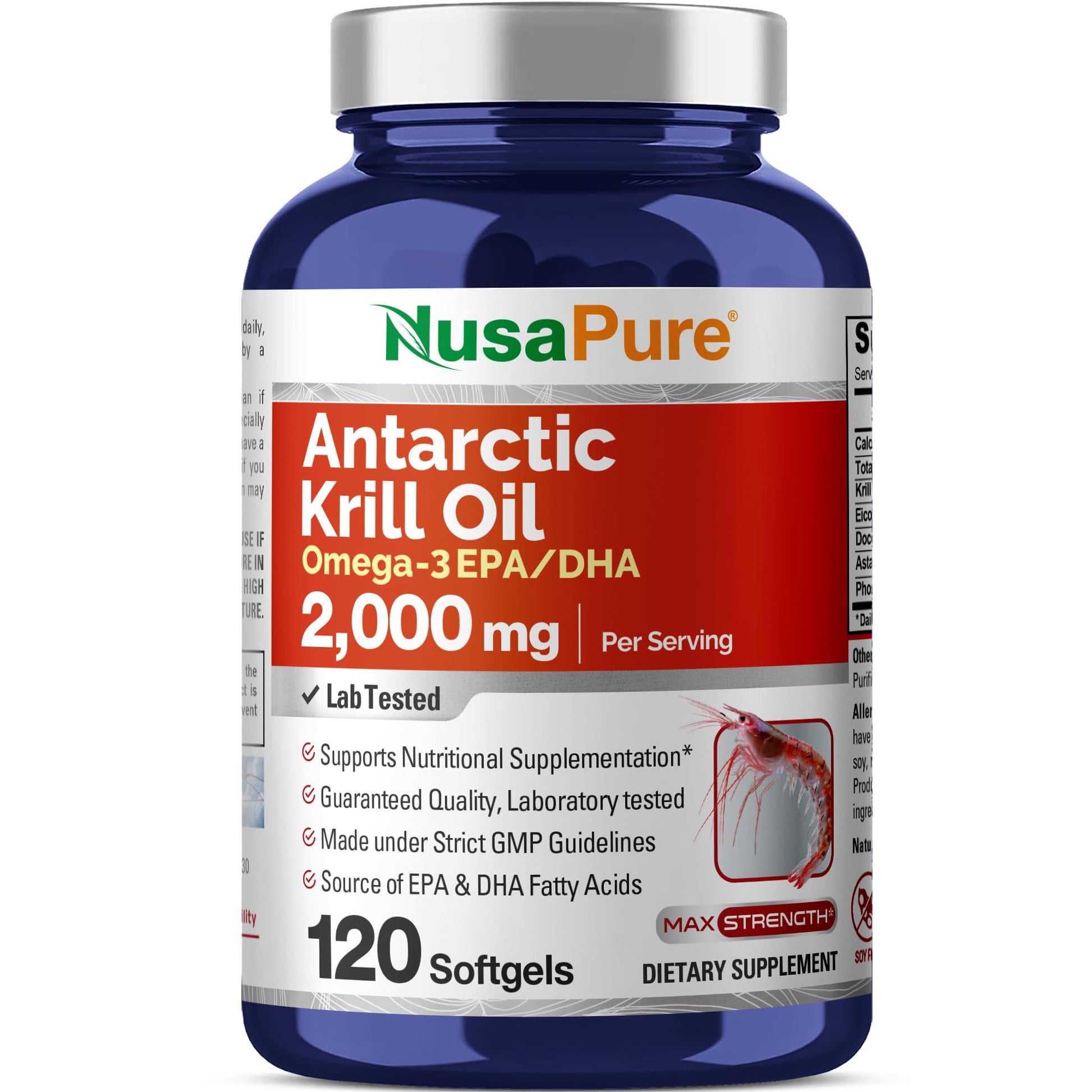 NusaPure Antarctic Krill Oil 2000 mg 120 Softgels, Omega-3 EPA 360mg, DHA 240mg, Soyfree Astaxanthin Supplement Sourced from Krill 800ppm NusaPure uk supplements