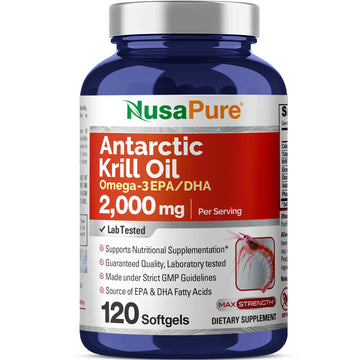 NusaPure Antarctic Krill Oil 2000 mg 120 Softgels, Omega-3 EPA 360mg, DHA 240mg, Soyfree Astaxanthin Supplement Sourced from Krill 800ppm NusaPure uk supplements