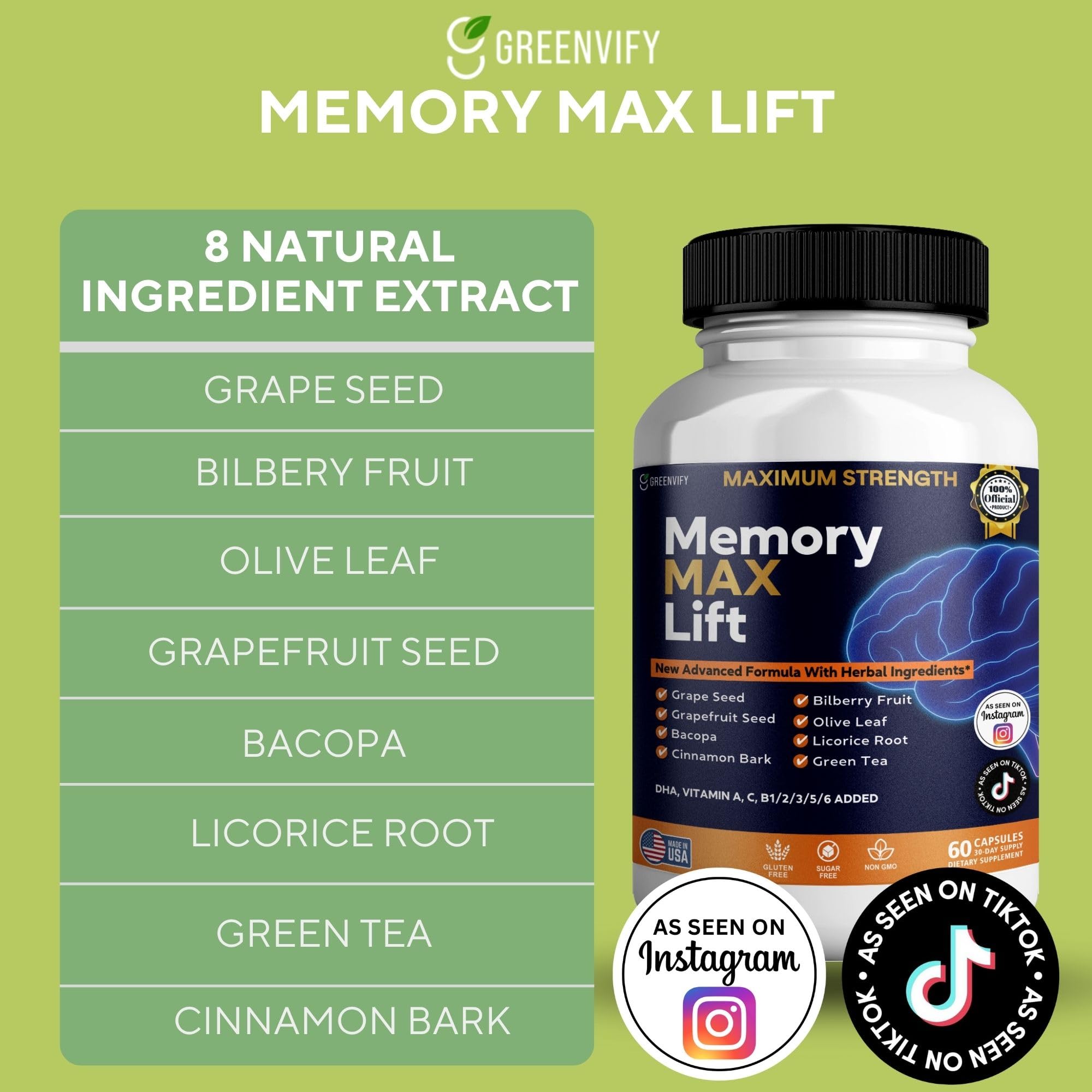 GREENVIFY Memory MAX Lift Brain Support Supplement, 60 Capsules, with Vitamins and Herbal Blend, 30 Day Supply (1) GREENVIFY uk supplements