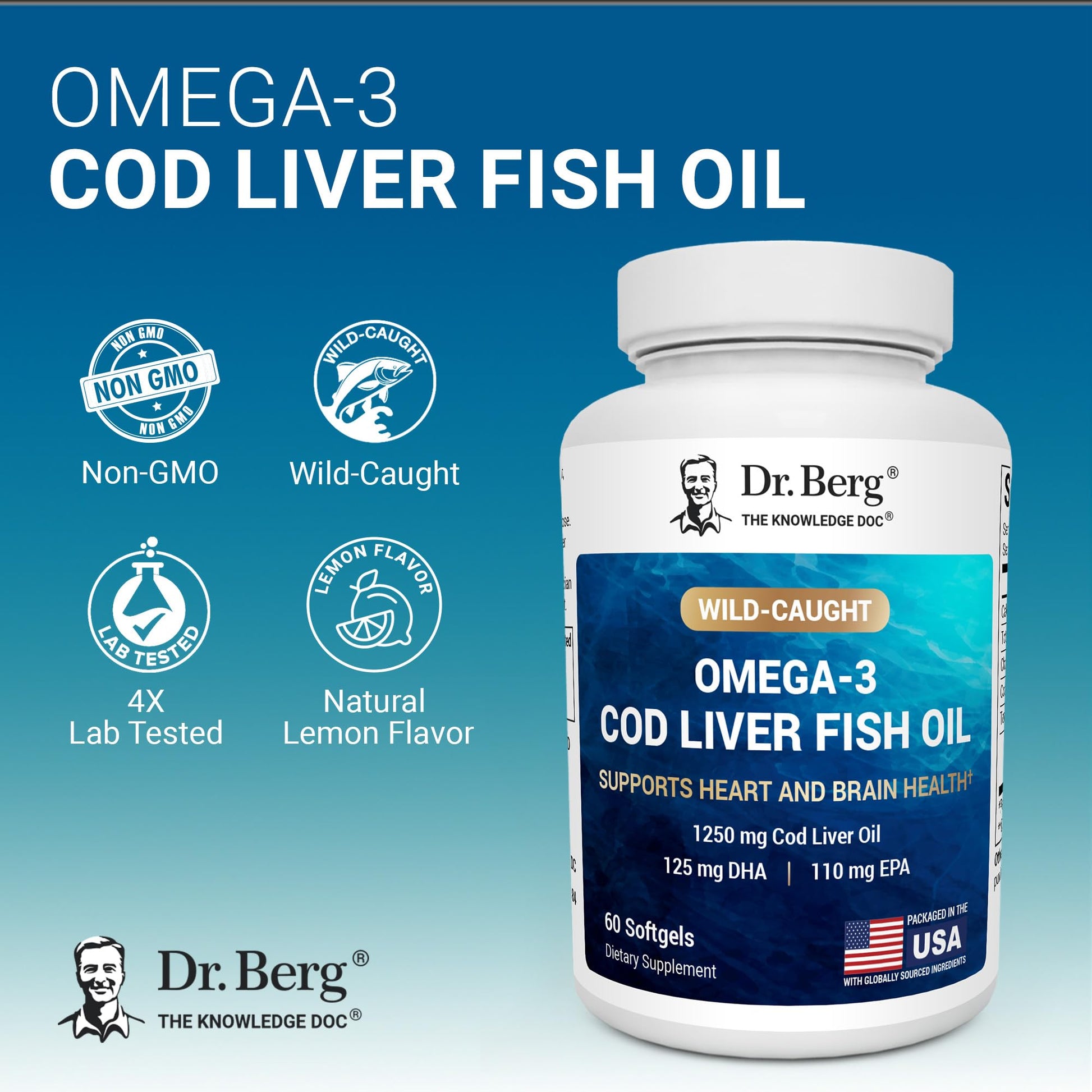 Dr. Berg Omega-3 Cod Liver Fish Oil 60 Softgels – Wild-Caught Icelandic Cod – Omega 3 EPA & DHA – Heart, Brain, Immune & Eye Support* – Lemon Flavor – 4X Lab-Tested – Non-GMO, No Fillers Dr. Berg Nutritionals uk supplements