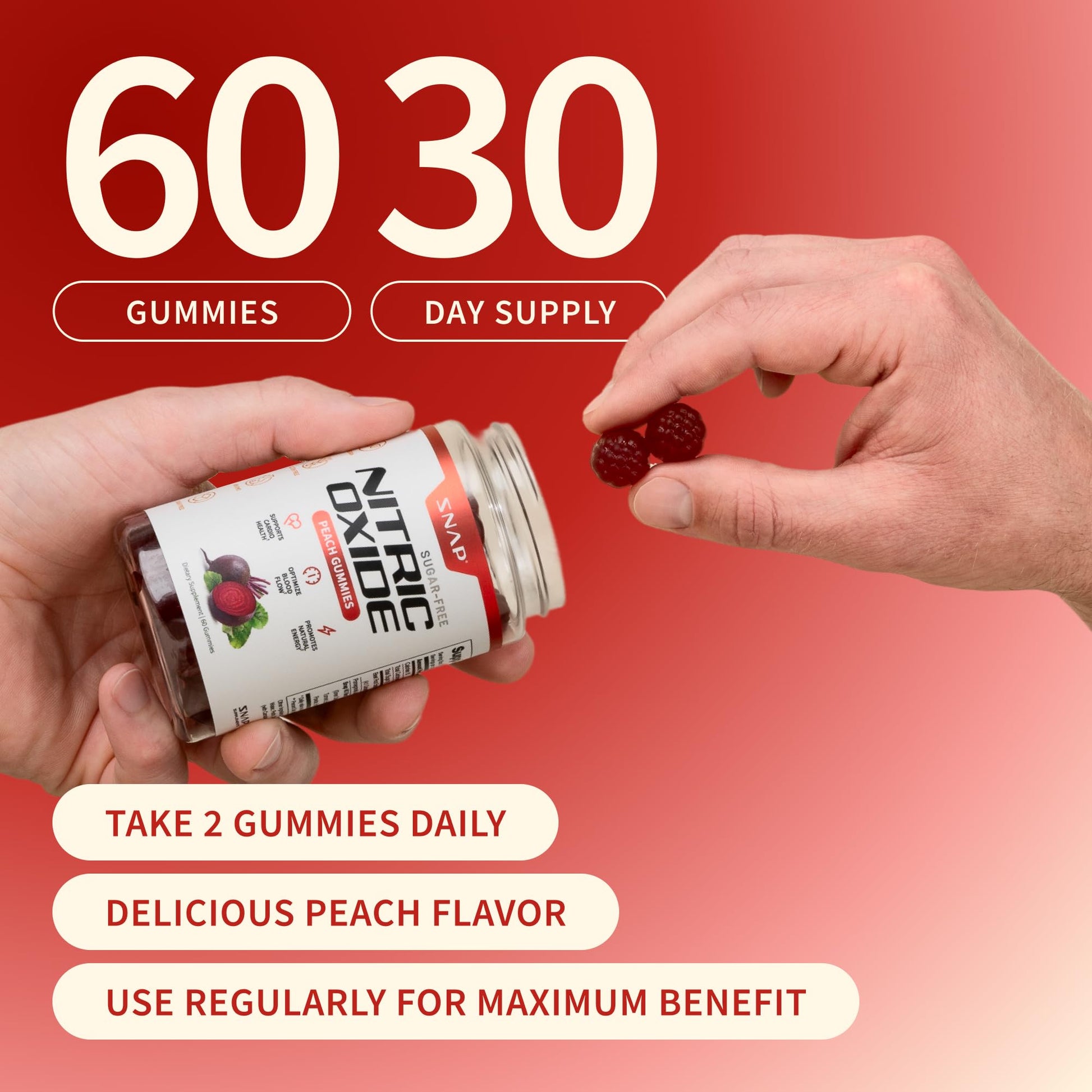 Snap Supplements Nitric Oxide Beet Root Gummies Supplement with Organic Beets - Energy & Circulation Support, 60 Sugar-Free Gummies (30 Servings, 1 Month Supply), Peach Snap Supplements uk supplements