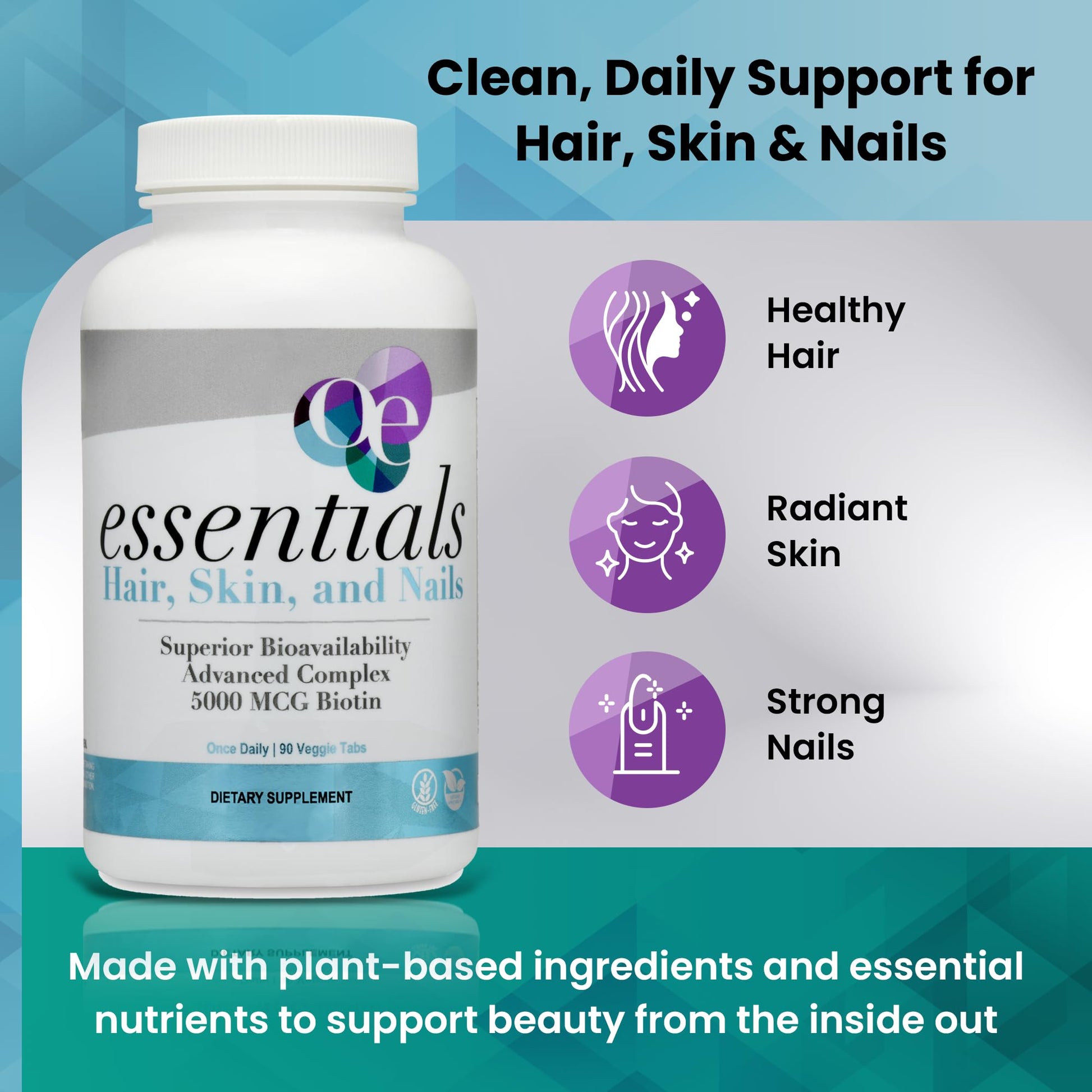 Organic Excellence Hair, Skin and Nails Vitamins for Women & Men – Biotin Supplement 5000 mcg– Hyaluronic Acid - Supports Healthy Hair Growth, Radiant Skin & Strong Nails, 3 Month Supply (90 Tablets) Organic Excellence uk supplements