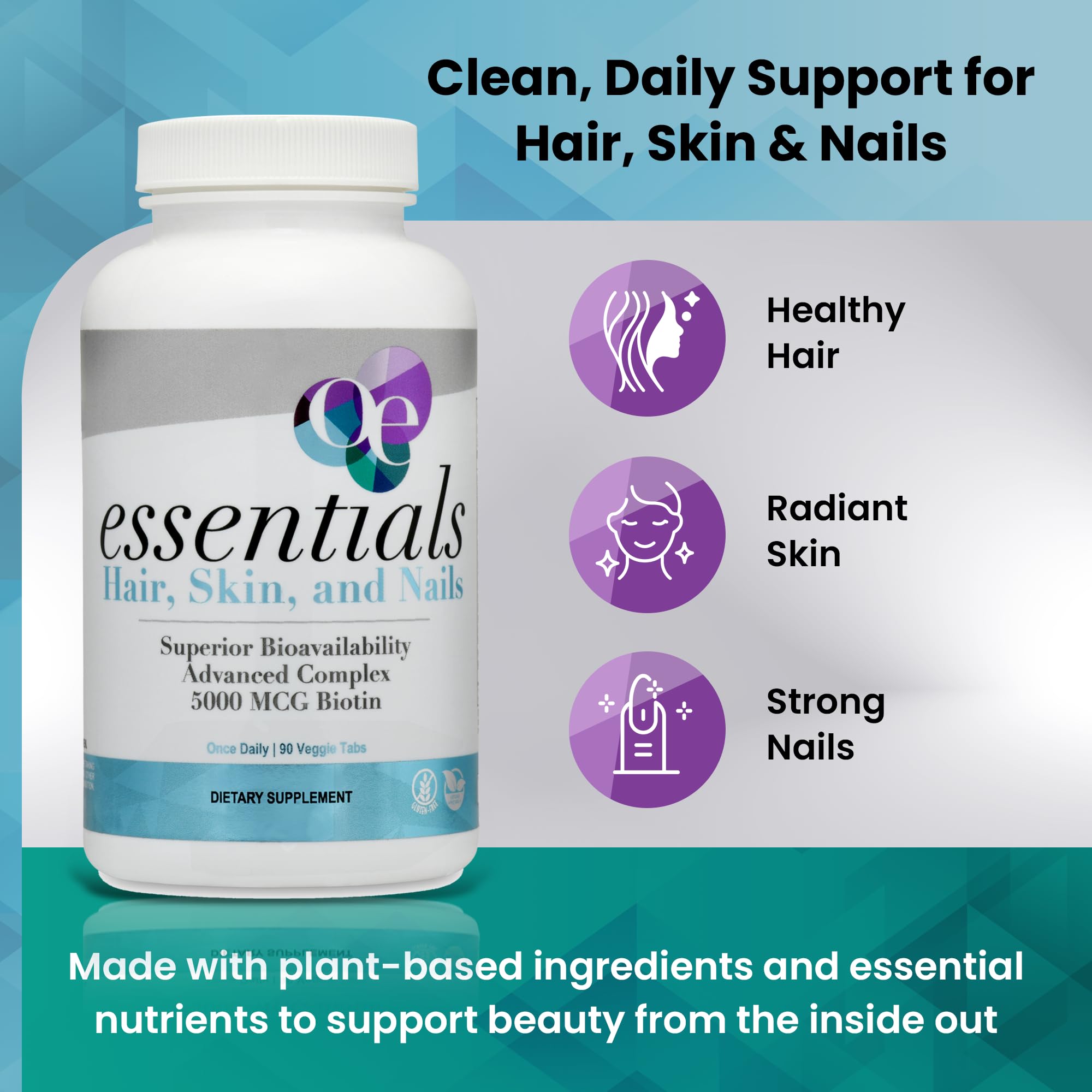 Organic Excellence Hair, Skin and Nails Vitamins for Women & Men – Biotin Supplement 5000 mcg– Hyaluronic Acid - Supports Healthy Hair Growth, Radiant Skin & Strong Nails, 1 Month Supply (30 Tablets) Organic Excellence uk supplements