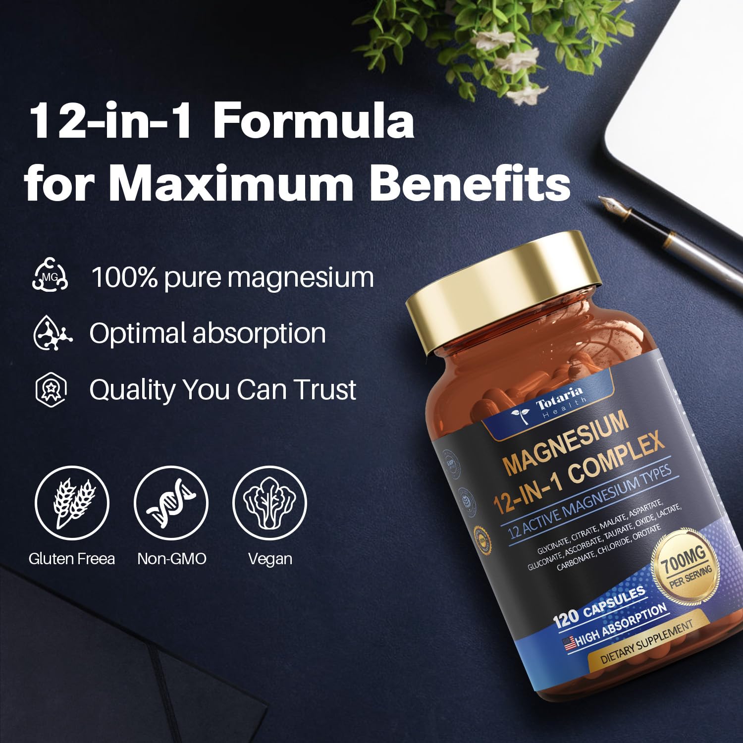 Magnesium Complex 700mg 12 in 1 Magnesium Supplement with Glycinate Citrate Malate Oxide Taurate Aspartate Orotate Magnesium Relaxation,Muscle,Heart Support, Vegan 120 Capsules 2PK Totaria uk supplements