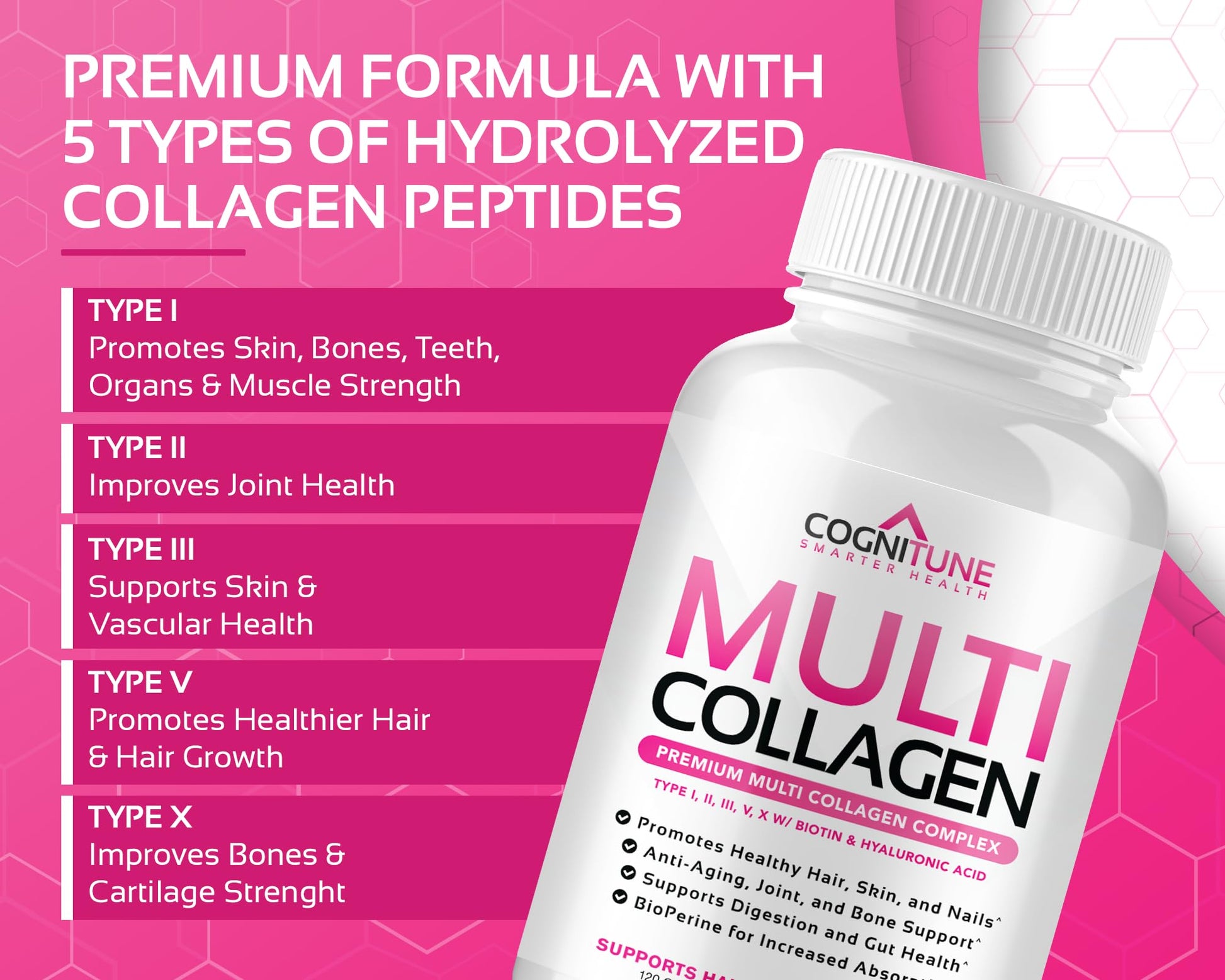 CogniTune Multi Collagen Peptides for Women with Biotin, Hyaluronic Acid, Vitamin C - 5 Types I II III V X Colageno Hidrolizado - 2000mg Hair Skin Nails Joints Support - 120 Capsules CogniTune uk supplements
