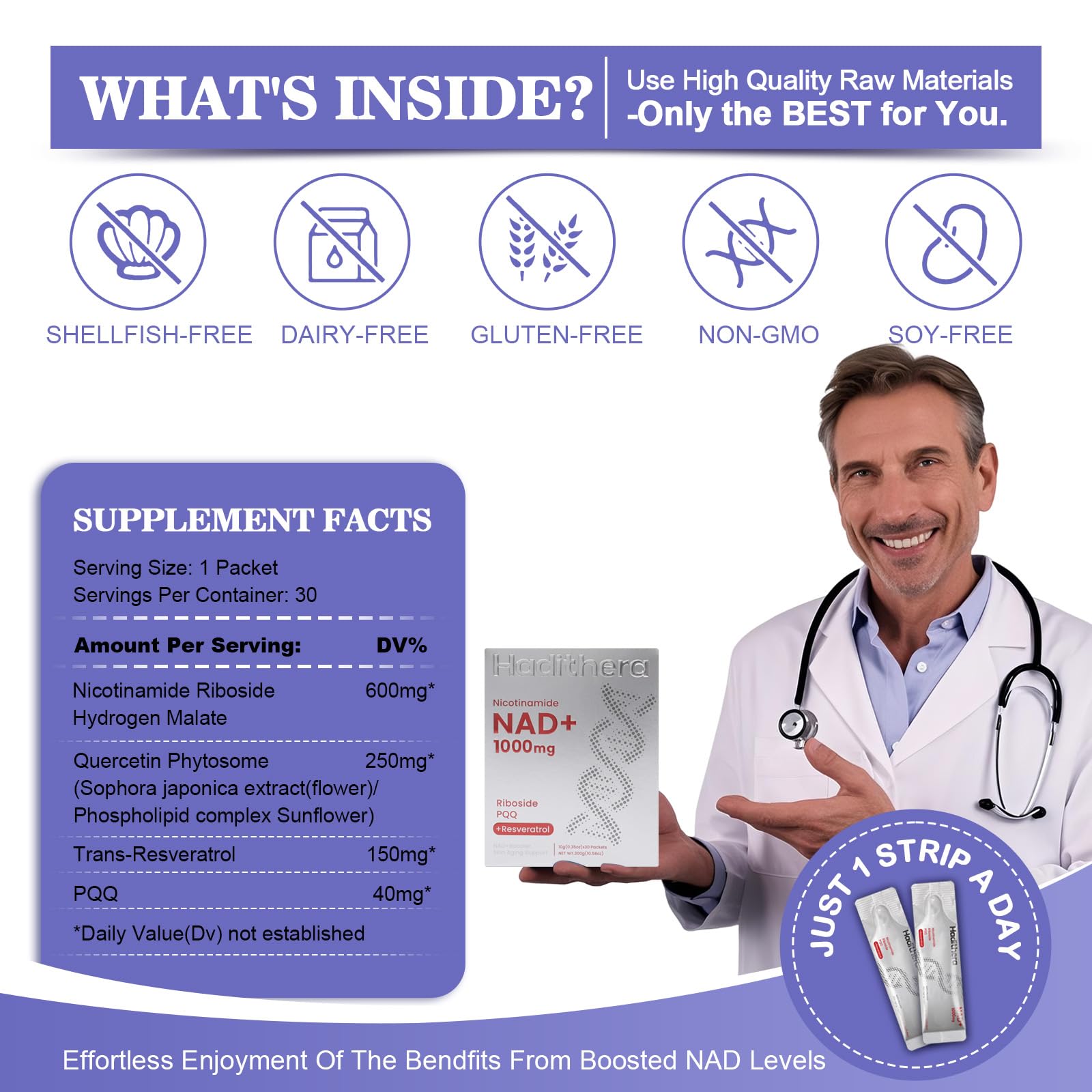 Haditheran NAD Supplement 1000mg Synergistic Blend with Nicotinamide Riboside, PQQ & Resveratrol - Premium Anti-Aging Supplement for Cellular Energy, Mental Clarity and Longevity (30 Packets) Haditheran uk supplements