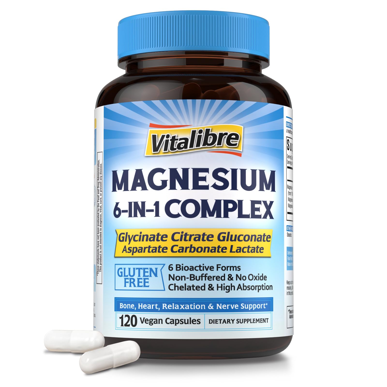 Vitalibre 6 in 1 Magnesium Complex for Women Men, 260mg Elemental Magnesium | Max Absorption | Chelated Magnesium Supplement for Bone, Relaxation & Nerves Support | Non-GMO, 120 Vegan Capsules Vitalibre uk supplements