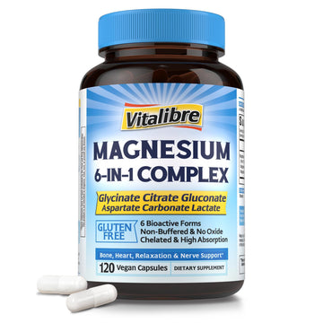 Vitalibre 6 in 1 Magnesium Complex for Women Men, 260mg Elemental Magnesium | Max Absorption | Chelated Magnesium Supplement for Bone, Relaxation & Nerves Support | Non-GMO, 120 Vegan Capsules Vitalibre uk supplements