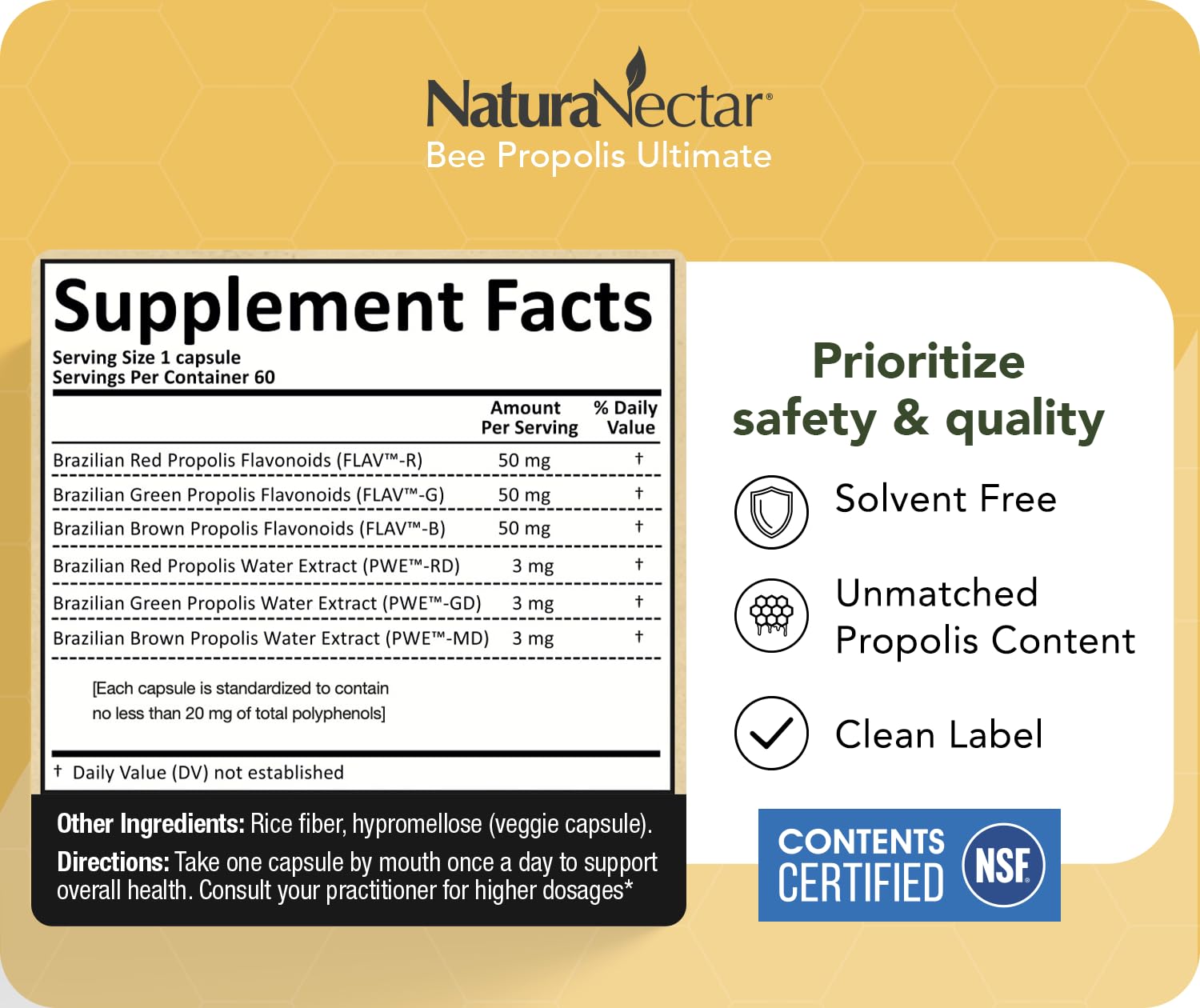 NaturaNectar - Ultimate Bee Propolis Capsules - NSF Contents Certified -Brazilian Red, Brown, & Green - Gluten-Free Supplement with Flavonoids - Naturally Sourced Through Ethical Beekeeping (60pcs.) NaturaNectar uk supplements