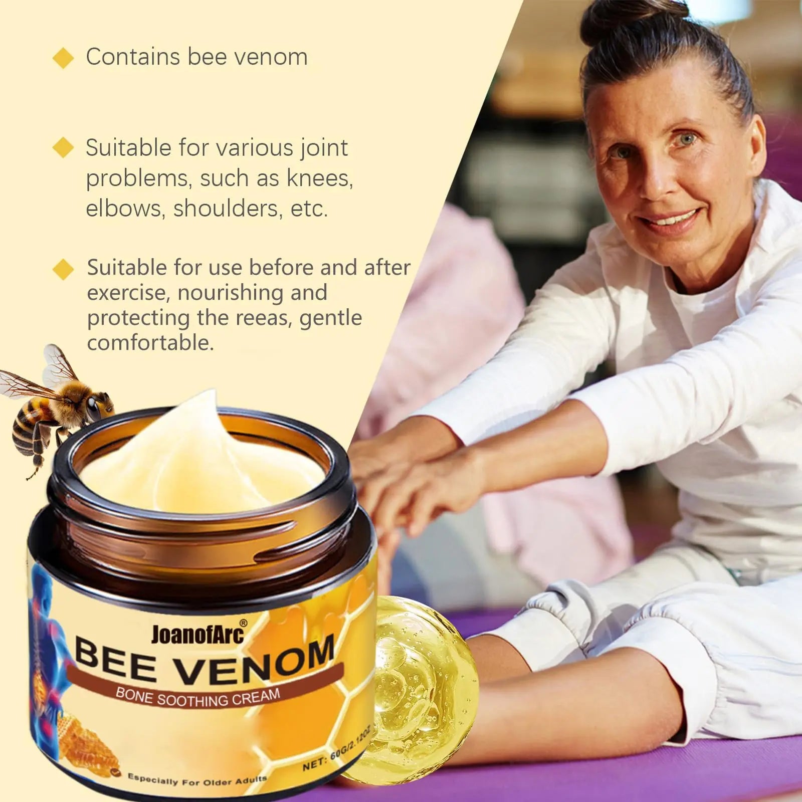 Bee Venom Joint Cream, Natural Bee Venom Skin Cream, Bee Venom Advanced Joint & Bone Cream, Suitable for Everyday Back, Waist, Neck, Hands, Knees, Light Non-Sticky for Men Women Aldult - 2.11 Oz/60g JoanofArc uk supplements