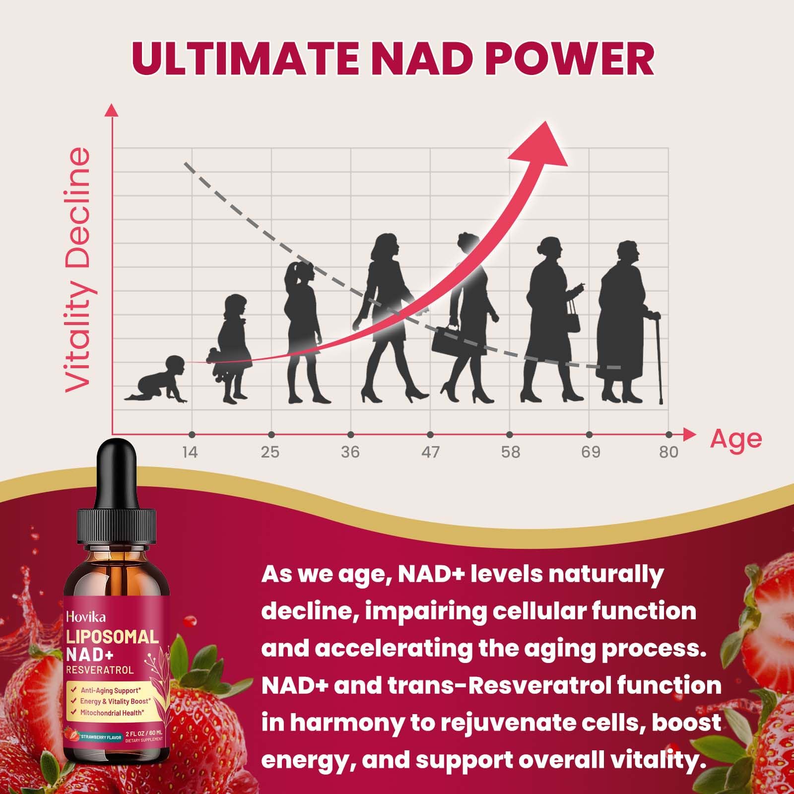 Liposomal NAD Supplement - 1200mg NAD+ Liquid Drops for Women & Men with Resveratrol, Black Pepper Extract - Support Anti-Aging, Brain & Cellular Mitochondrial Health - 2 Fl Oz, Strawberry Flavor Hovika uk supplements