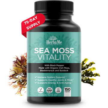 HerbaMe Organic Irish Sea Moss with Bladderwrack, Burdock Root & Black Pepper Extract, 150 Capsules, Thyroid Support, Natural Iodine Source, Promotes Immune System, Cell Food, Alkaline Supplement HerbaMe uk supplements