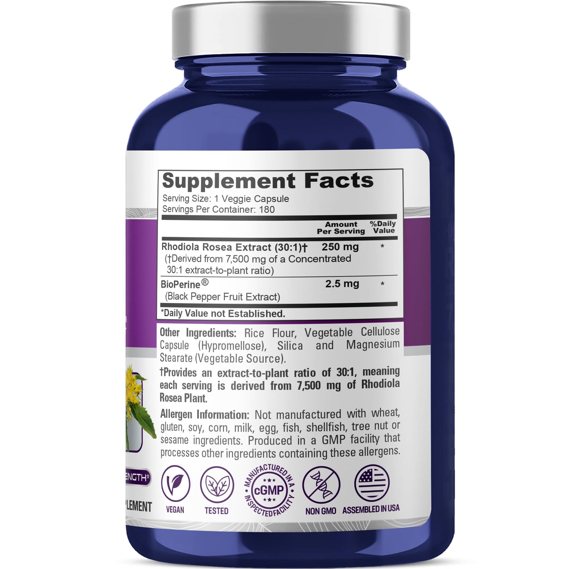 NusaPure Rhodiola Rosea 7,500mg 180 Veggie Capsules (Non-GMO, Extract 30:1, Vegan & Gluten-Free) Bioperine NusaPure uk supplements