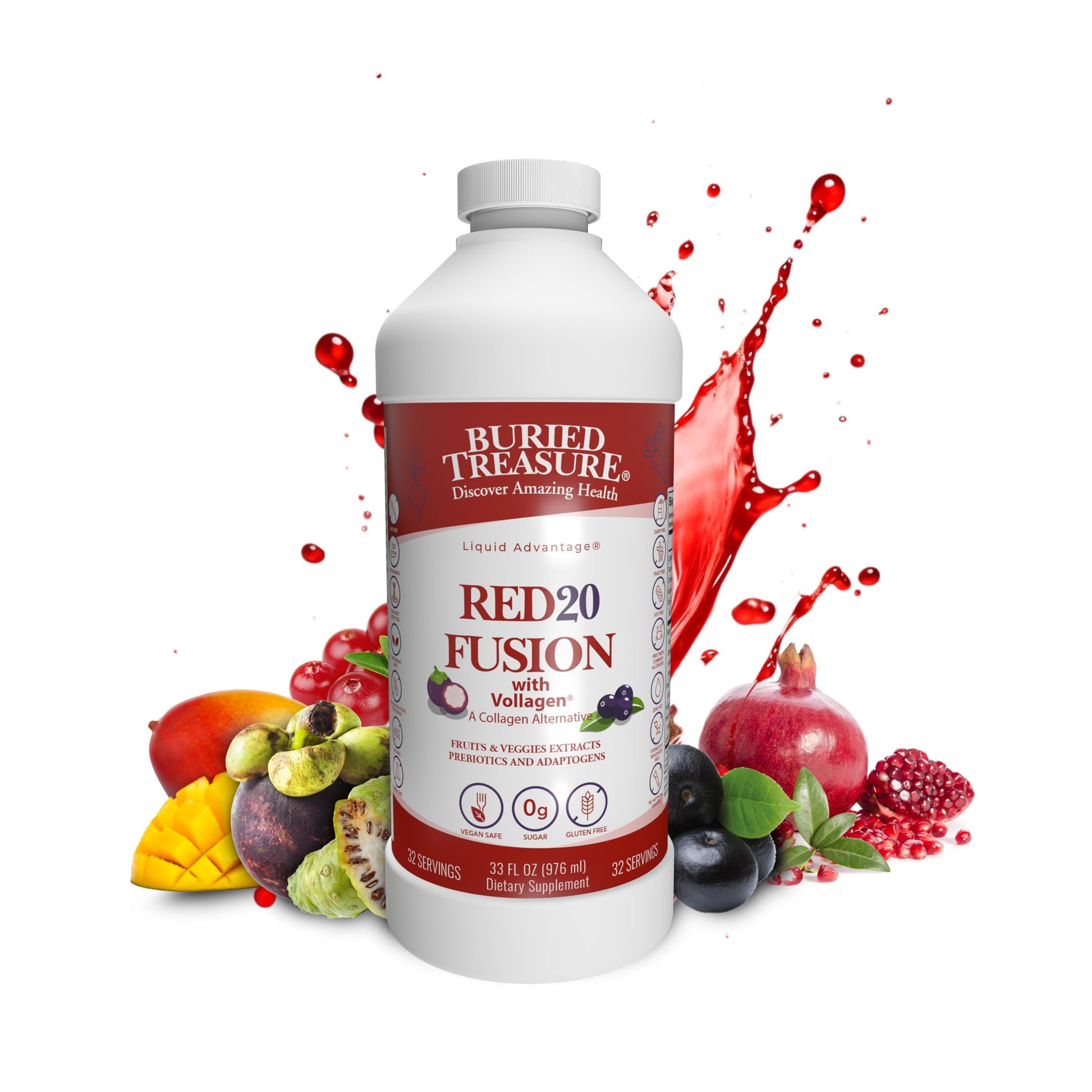 Buried Treasure Red20 Fusion Superfood Blend – Acai, Beets, Blueberry, Fiber, Adaptogens, Lutein, Vegan Vollagen, Natural Energy, Digestion, Eye Health & Wellness Support, 32oz Liquid Buried Treasure uk supplements
