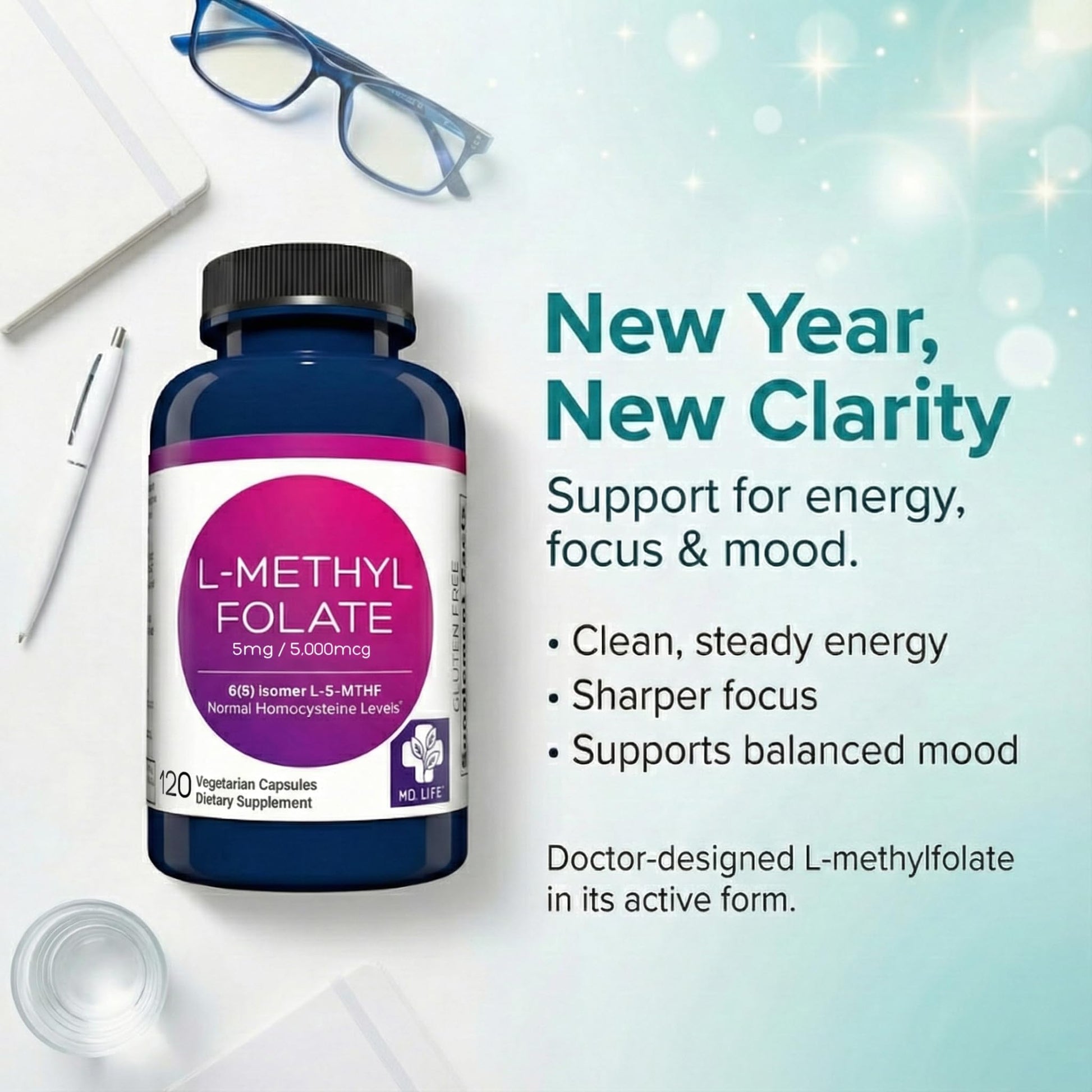 MD Life L-Methylfolate 5 mg Supplement - Professional-Grade Active L Methylfolate Supplement - 120 Capsules - L-Methylfolate 5mg - Maximum Potency MTHFR W/Essential Amino Acids MD.LIFE uk supplements