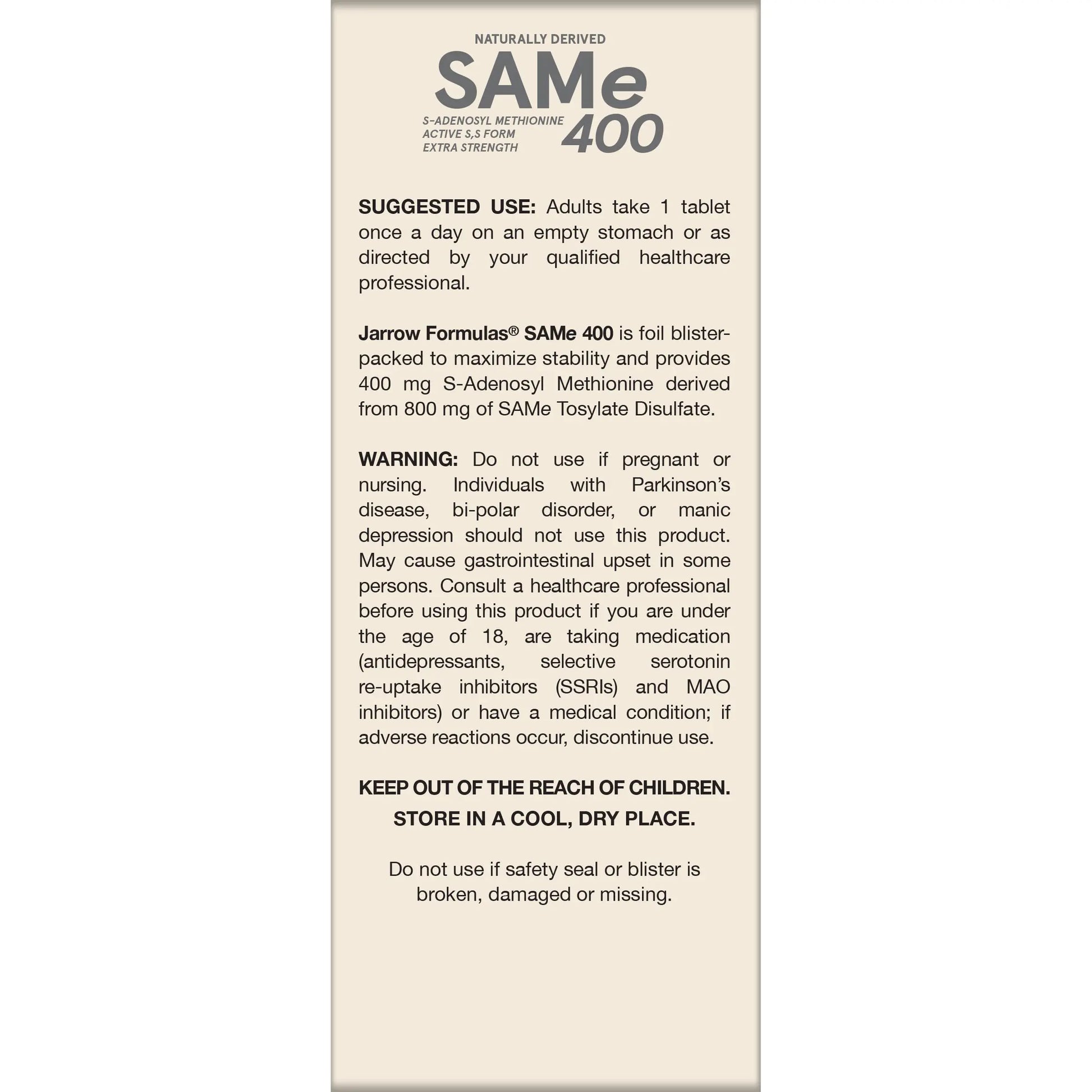 Jarrow Formulas SAMe Supplement 400 mg - 60 Tablets - High Concentration of Active S,S Form - Supports Joint Health, Liver Function, Brain Metabolism, Balanced Mood & Antioxidant Defense - 60 Servings Jarrow Formulas uk supplements