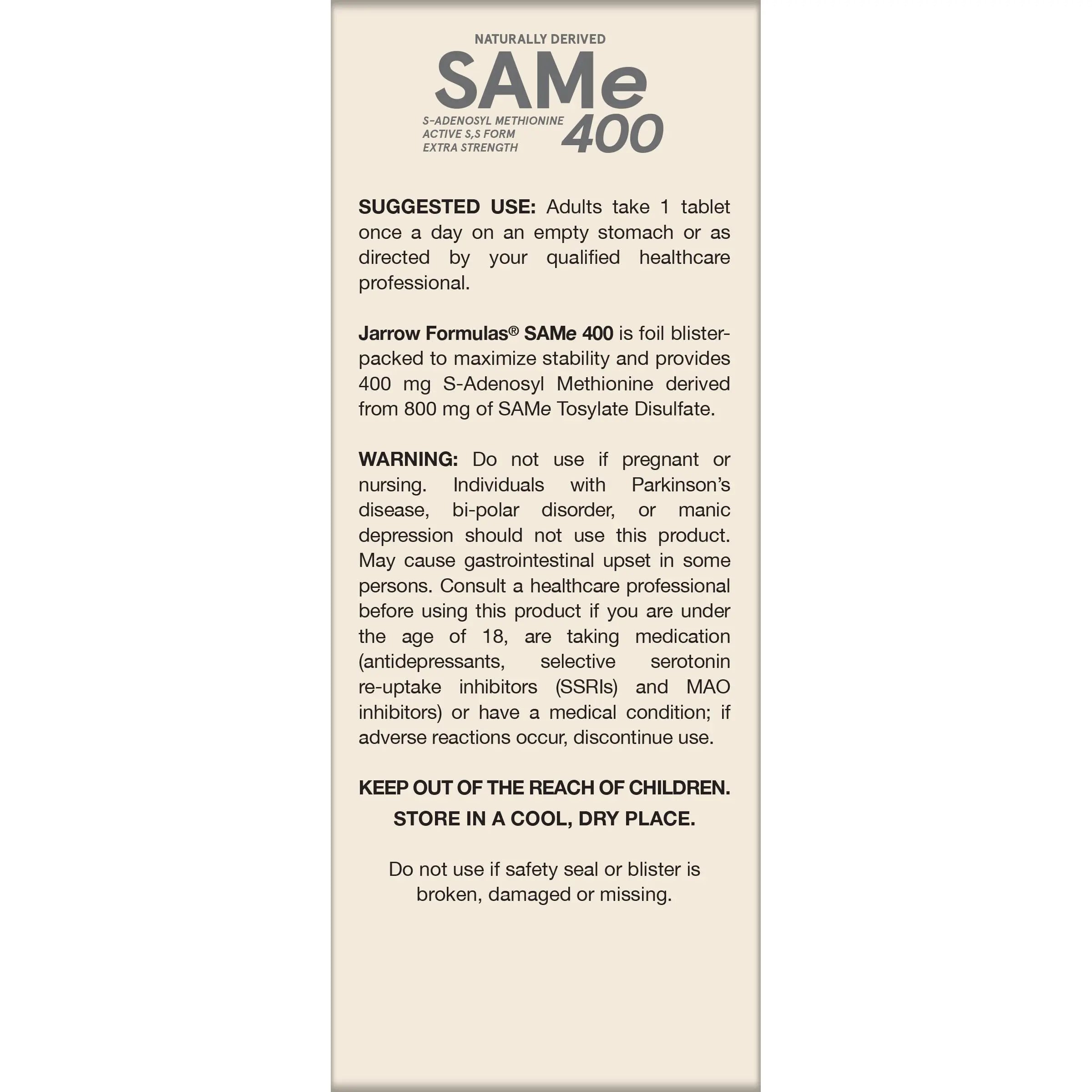 Jarrow Formulas SAMe Supplement 400 mg - 60 Tablets - High Concentration of Active S,S Form - Supports Joint Health, Liver Function, Brain Metabolism, Balanced Mood & Antioxidant Defense - 60 Servings Jarrow Formulas uk supplements
