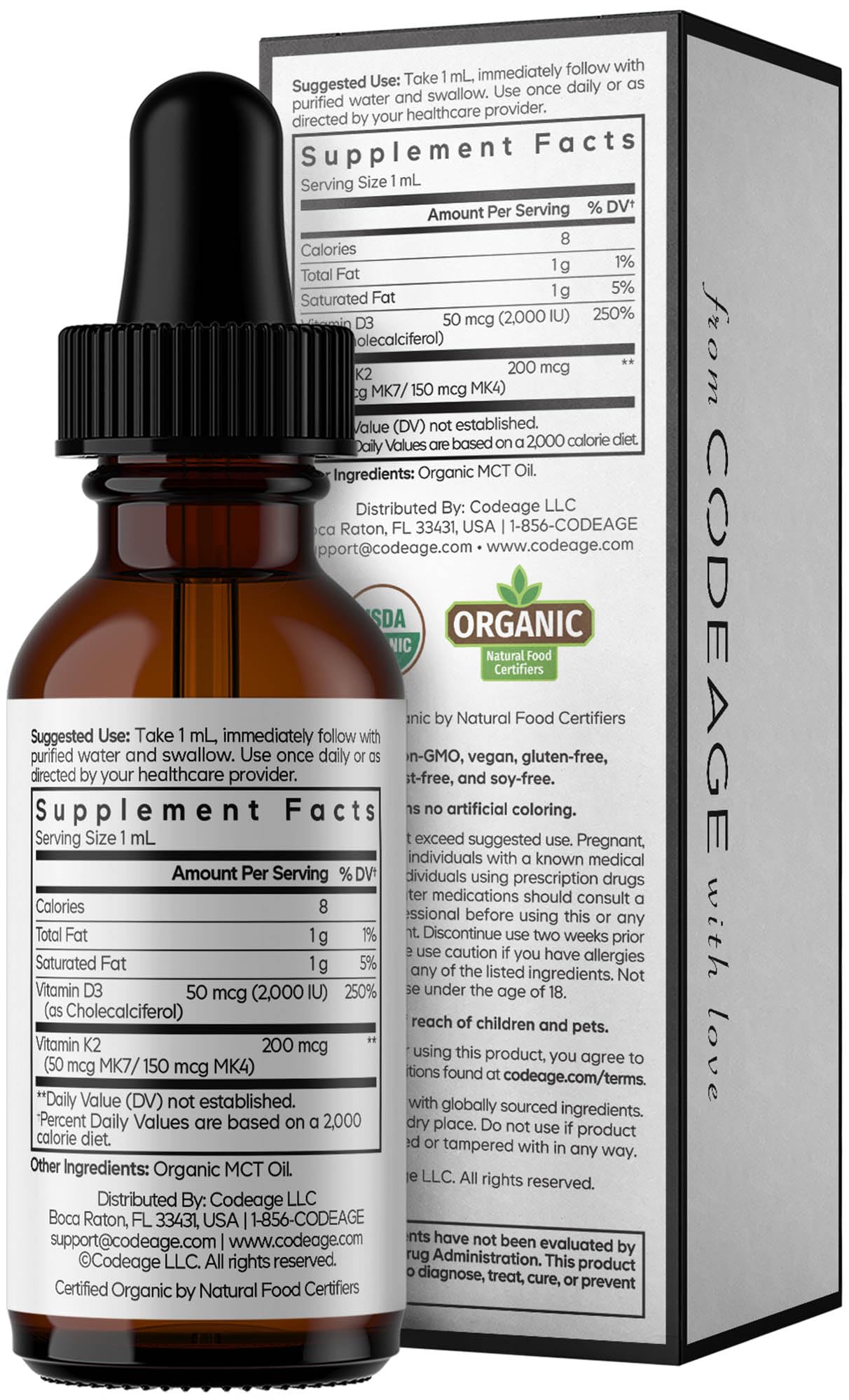 Codeage Liquid D3+K2 Vitamins USDA Organic - Vitamin D3 2000 IU, Vitamin K2 (MK4 & MK7) Liquid Drops - Immune Support - Unflavored - Organic MCT Oil - Non-GMO - 1 fl oz Codeage uk supplements