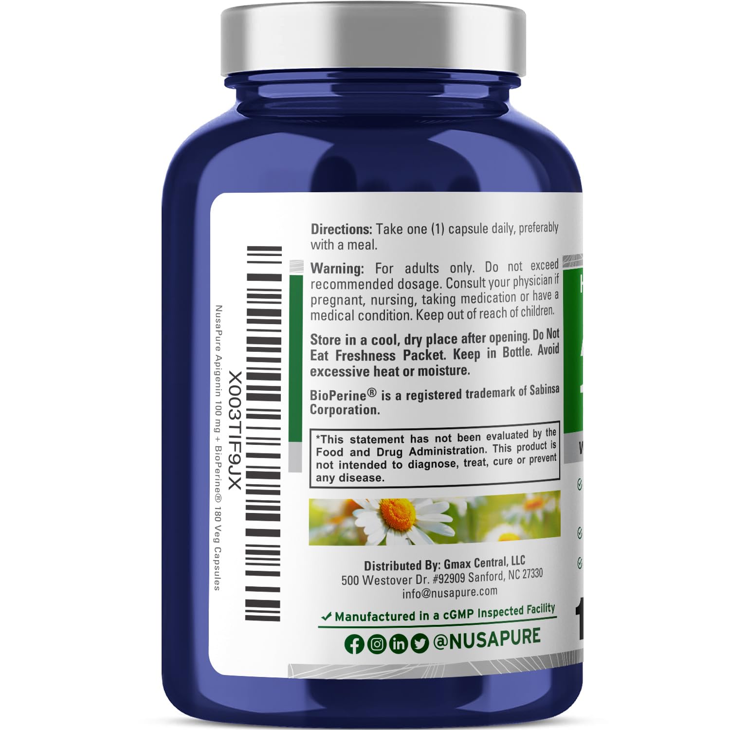 NusaPure Apigenin 100 mg per Capsule 180 Vcaps - Bioperine (Non-GMO, Gluten Free) NusaPure uk supplements