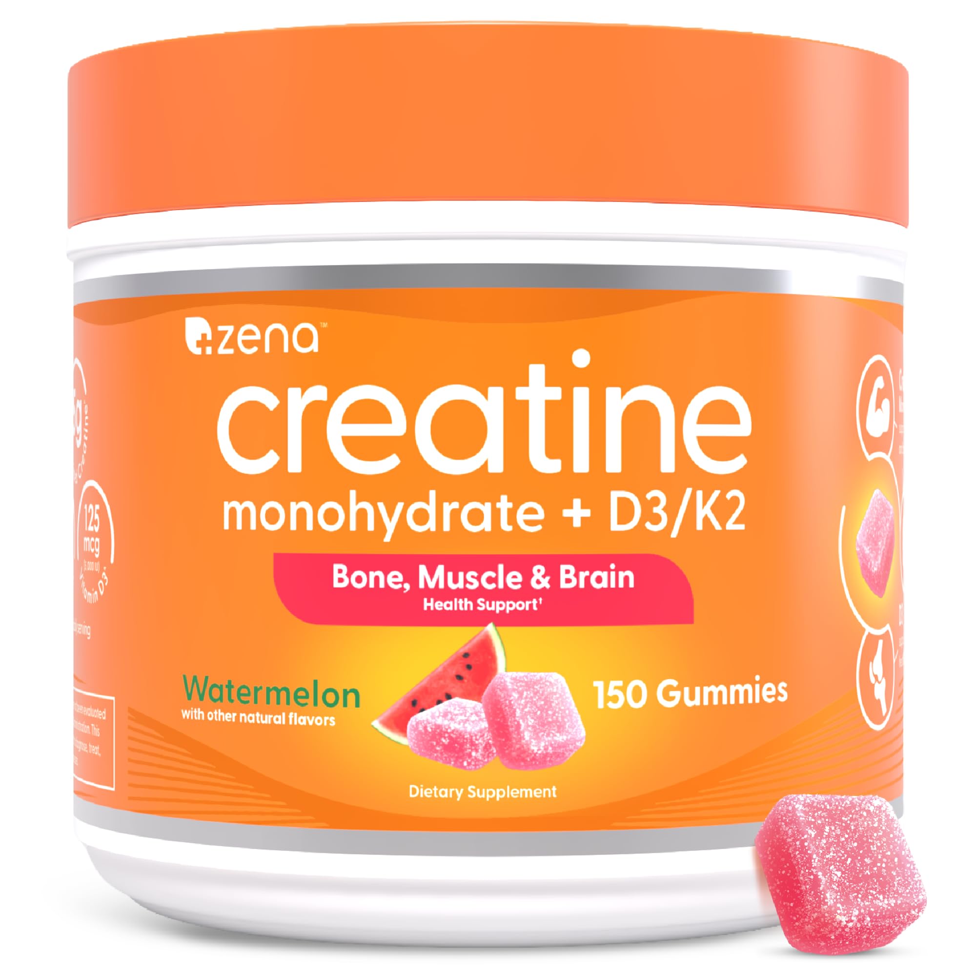 Zena Nutrition Creatine Gummies with D3 & K2, Creatine Monohydrate for Men and Women, Supports Bone, Muscle, & Cognitive Health, Gummy Workout Supplement, Watermelon Flavor, 150ct, 30 Daily Servings Zena Nutrition uk supplements