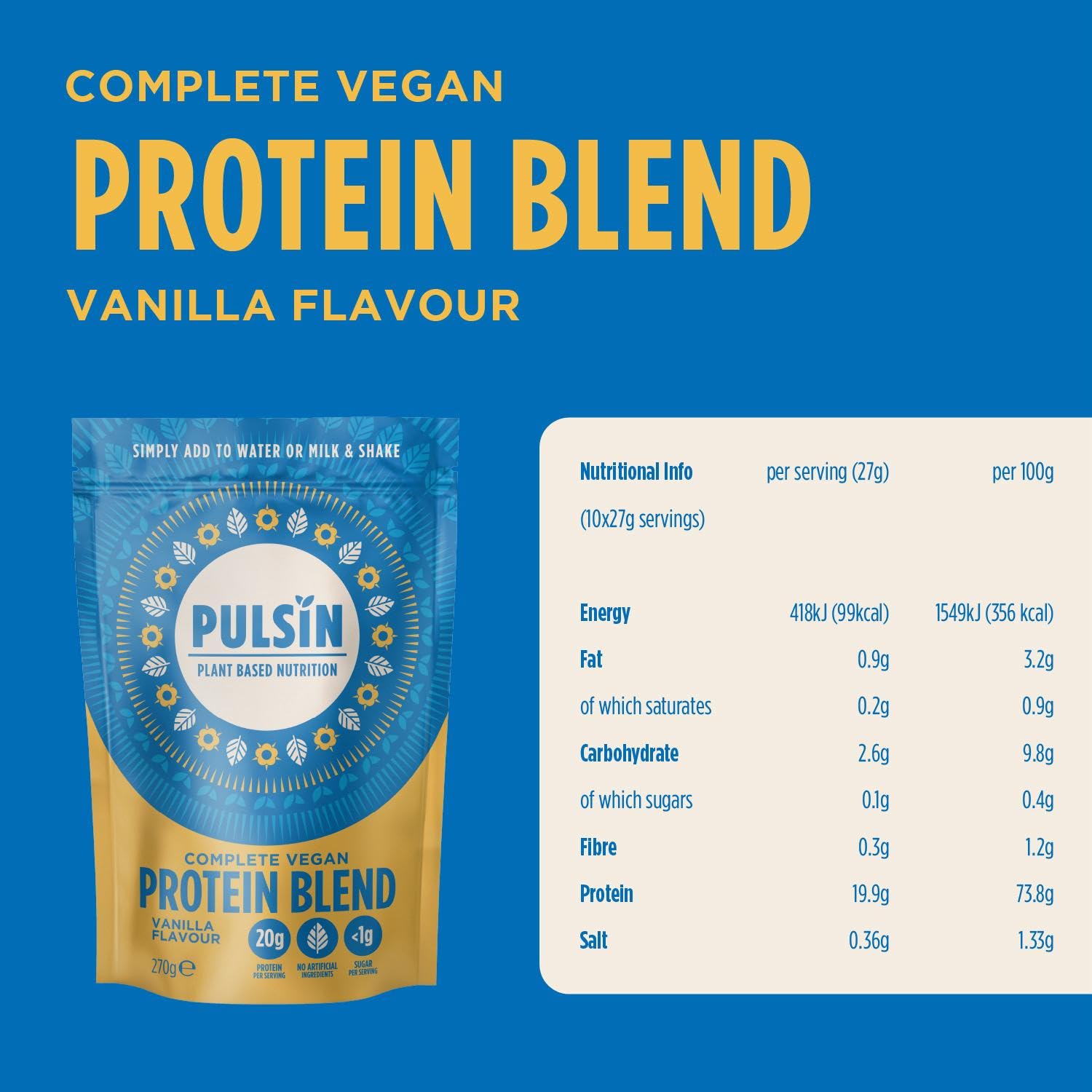 Pulsin plant based nutrition,Complete vegan protein blend,Vanilla flavour 270 g Pulsin uk supplements