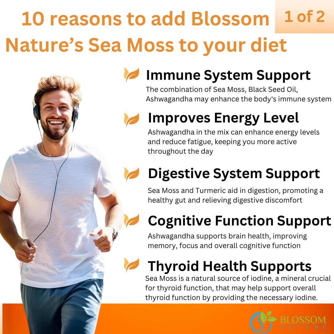 10-in-1 Irish Sea Moss Veggie Caps 3000mg Black Seed Oil Ashwagandha Bladderwrack Burdock Turmeric Apple Cider Vinegar Manuka Honey Dandelion Black Pepper - Made in US(Veggie Caps, Unflavored) Blossom Nature uk supplements