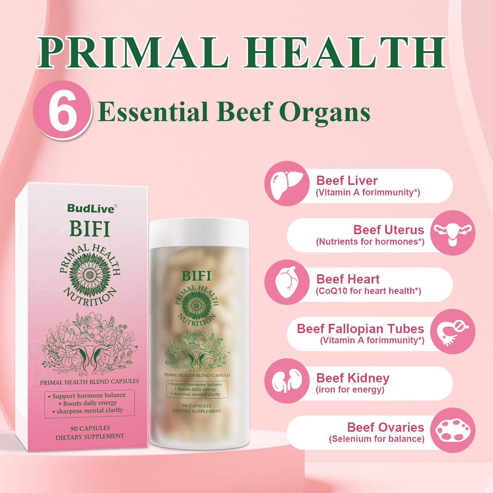 BudLive Beef Organ Supplement for Women – 100% Grass-Fed & Pasture Raised [Ovary, Liver, Spleen, Kidney & Heart] Primal Nutrition for Hormone Support, Energy & Wellness, 90 Capsules BudLive uk supplements