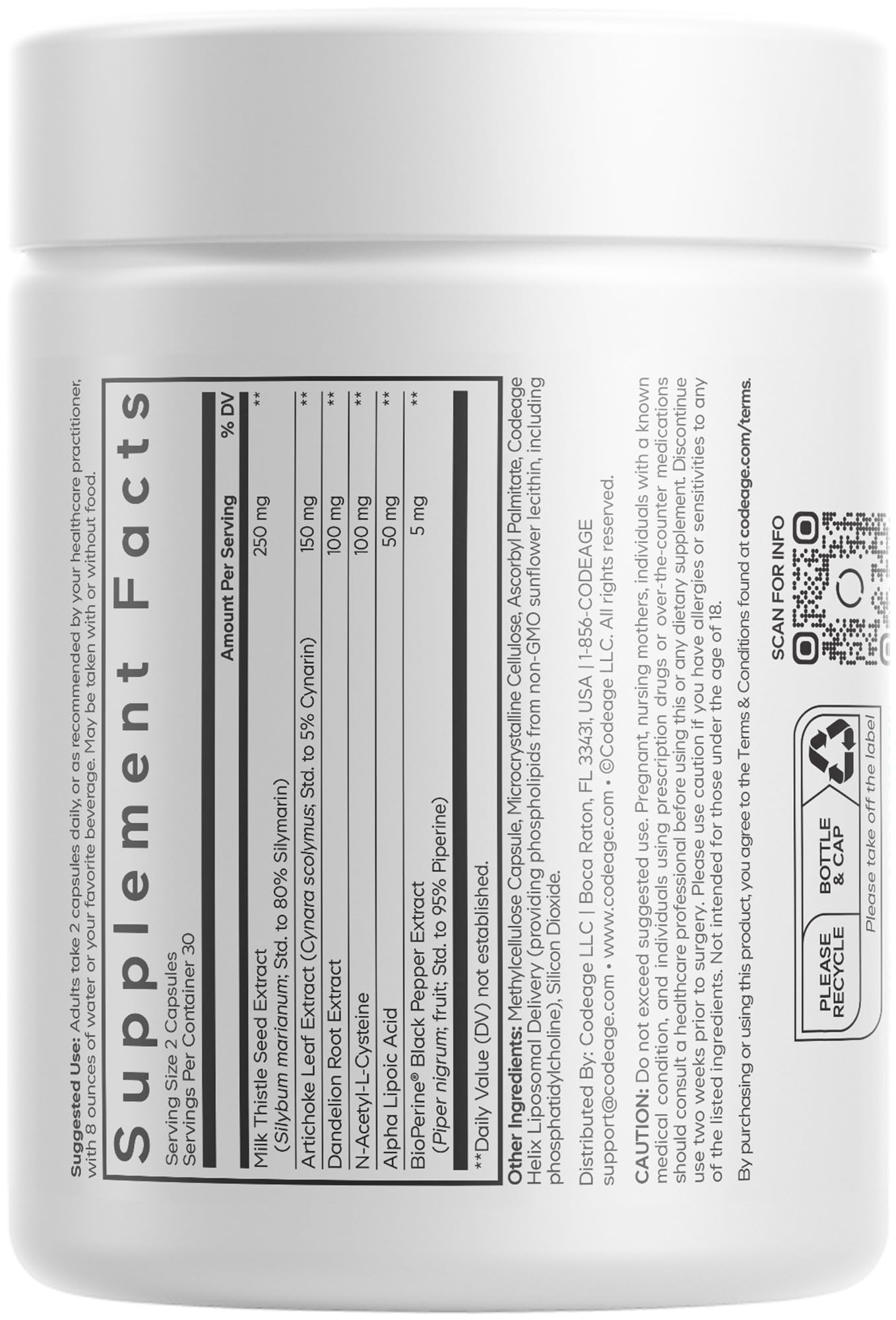Codeage Liposomal Milk Thistle+ Supplement - Silymarin from Silybum Marianum, NAC, Artichoke Leaf, Dandelion Root, Alpha Lipoic Acid, BioPerine, Liposomal Delivery - Non-GMO - 60 Capsules Codeage uk supplements