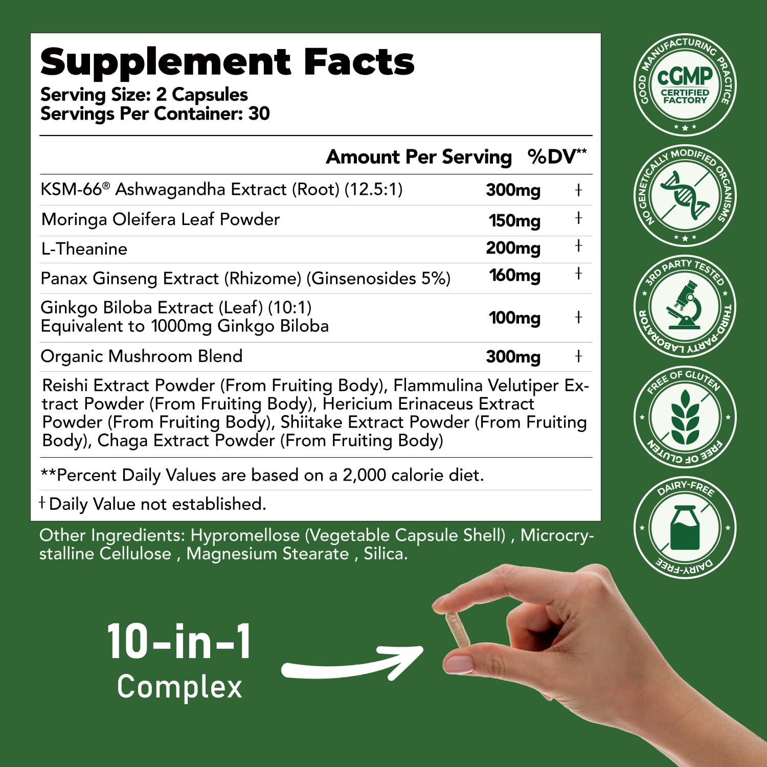 GlowEver KSM-66 Ashwagandha Supplements with L-Theanine Moringa Organic Mushrooms Complex Ginseng Ginkgo Biloba - Mood & Energy Support, Cortisol Manager, Immune Support, 60 Vegan Capsules GlowEver uk supplements