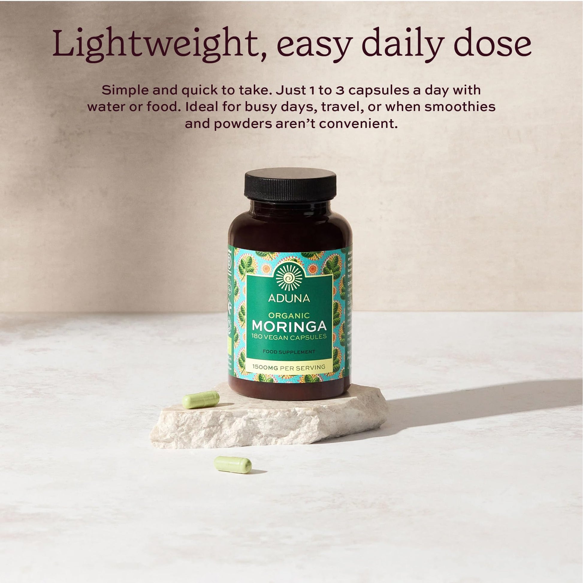 Aduna Organic Moringa Capsules 1500mg | 100% Pure Moringa Leaf for Energy, Immunity & Focus | Natural Plant-Based Food Supplement for Tiredness, Recovery & Breastfeeding | 180 Vegan Capsules Aduna uk supplements