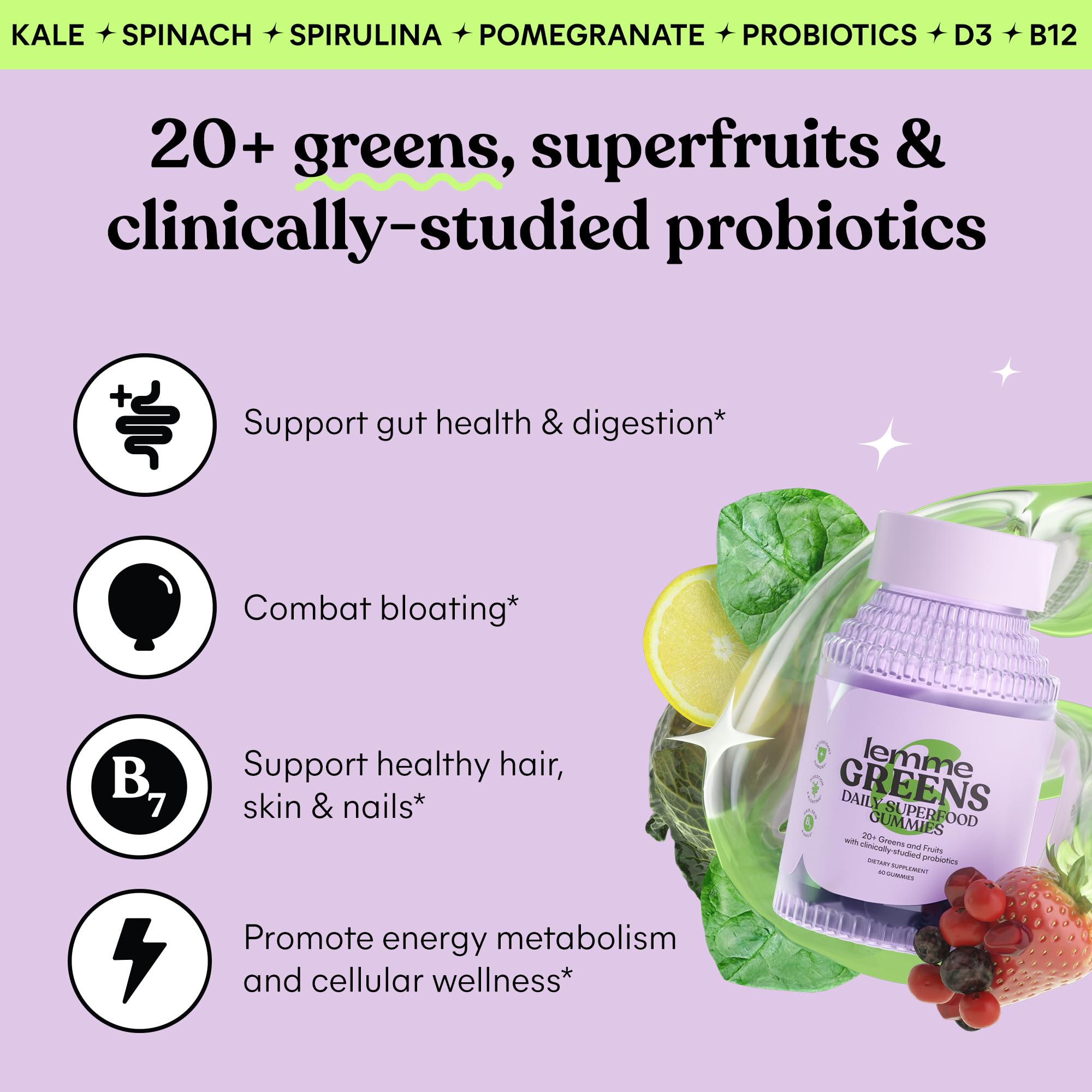 Lemme Greens Superfood Gummies w/Multi - Support Gut Health & Reduce Bloating, 20+ Organic Greens and Superfruits, Clinically Studied Probiotics, D3, B12 - Berries & Greens Flavored (60 Count) Lemme uk supplements