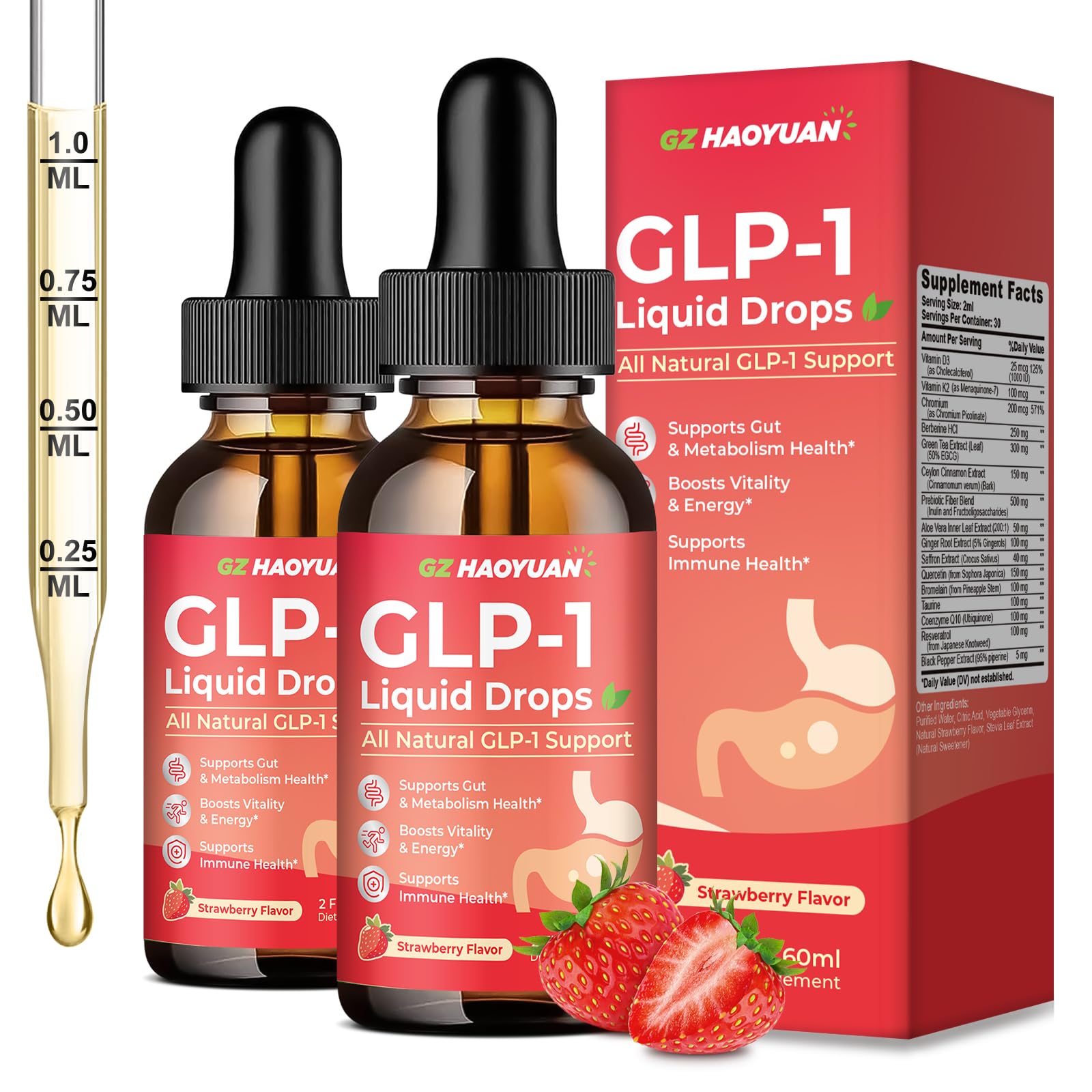 2 Pack GLP-1 Supplement, 16-in-1 GLP-1 Liquid Drops with Berberine, Ceylon Cinnamon, Green Tea, Chromium & Resveratrol, Naturally GLP 1 Support for Metabolism, Gut Digestion, Stawberry Flavor, 4 Fl Oz GZ HAOYUAN uk supplements