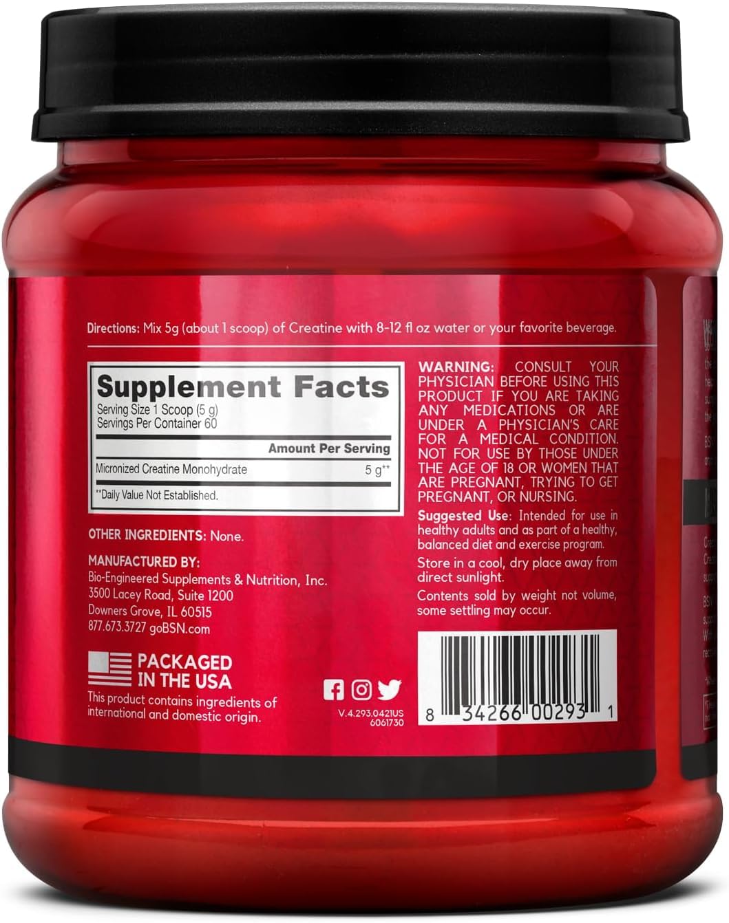 BSN Micronized Creatine Monohydrate Powder, Unflavored Creatine Powder, Micronized, Supports Muscle Building, Supports Muscle Strength, Gym Supplement, 5g per Serving, 5000mg per Servings, 60 Servings BSN uk supplements