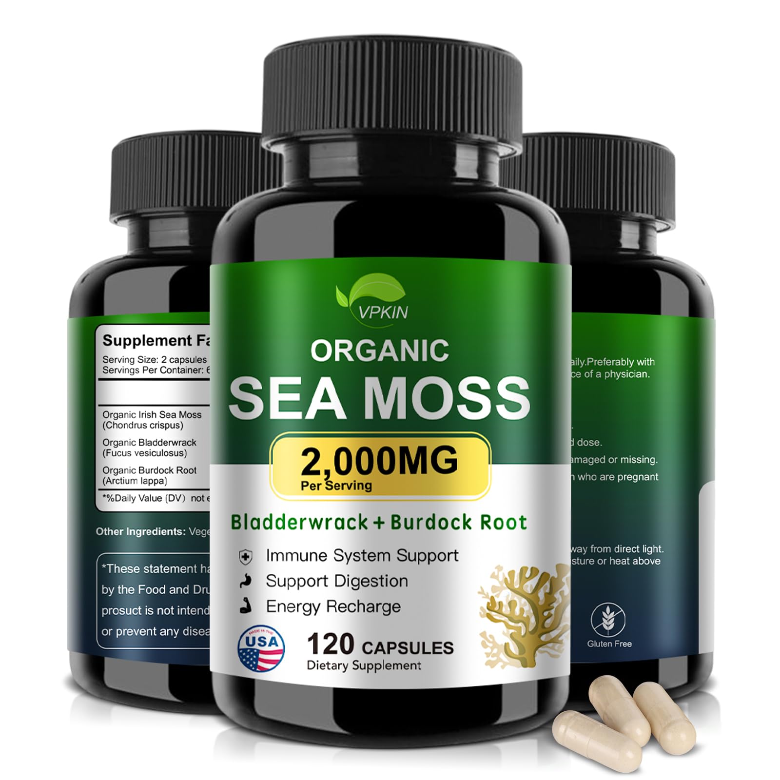 VPKIN Organic Sea Moss Capsules with Bladderwrack,Burdock Root and Black Pepper Extract-Irish SeaMoss Pills 2000mg-Promotes Immune System,Thyroid Support(120 Capsules) VPKIN uk supplements
