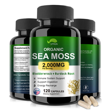 VPKIN Organic Sea Moss Capsules with Bladderwrack,Burdock Root and Black Pepper Extract-Irish SeaMoss Pills 2000mg-Promotes Immune System,Thyroid Support(120 Capsules) VPKIN uk supplements
