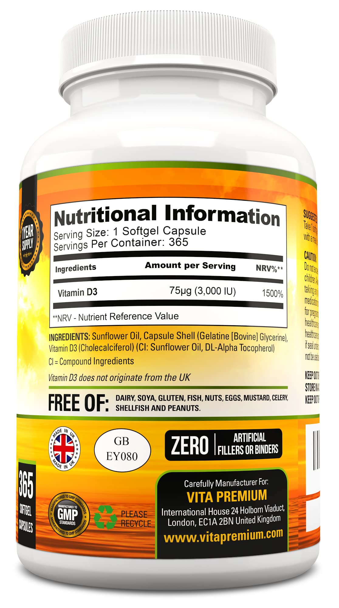 Vitamin D 3,000 IU, High Strength Vitamin D3 Supplement, 365 Easy to Swallow Softgels Vita Premium uk supplements